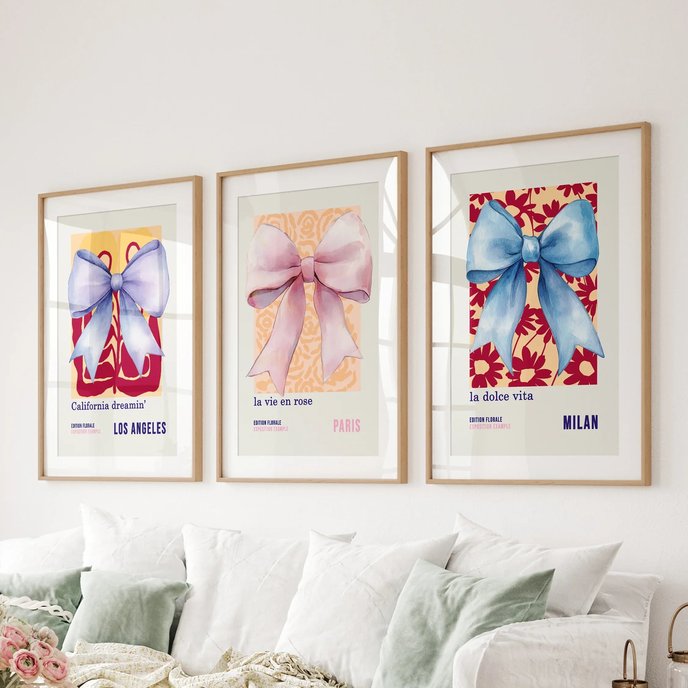 Girly Bow Wall Art Trio. Preppy Pastel Fashion Quotes Posters