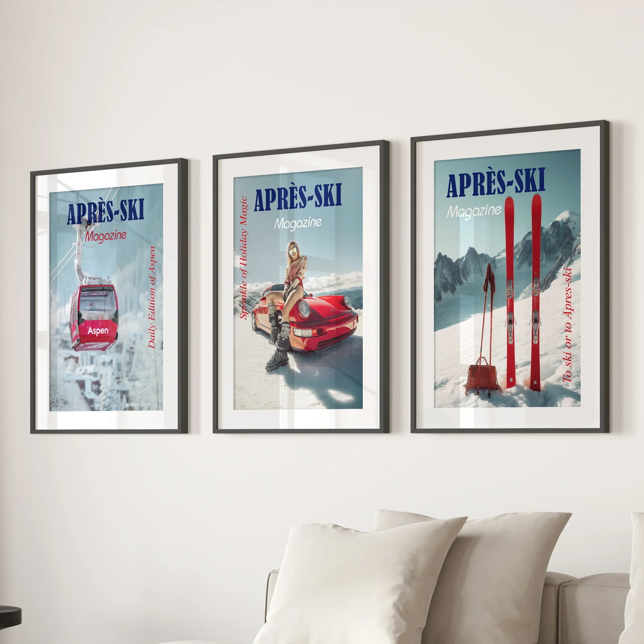 Girly Après Ski Set of 3 Posters. Chic Ski Resort Wall Decor