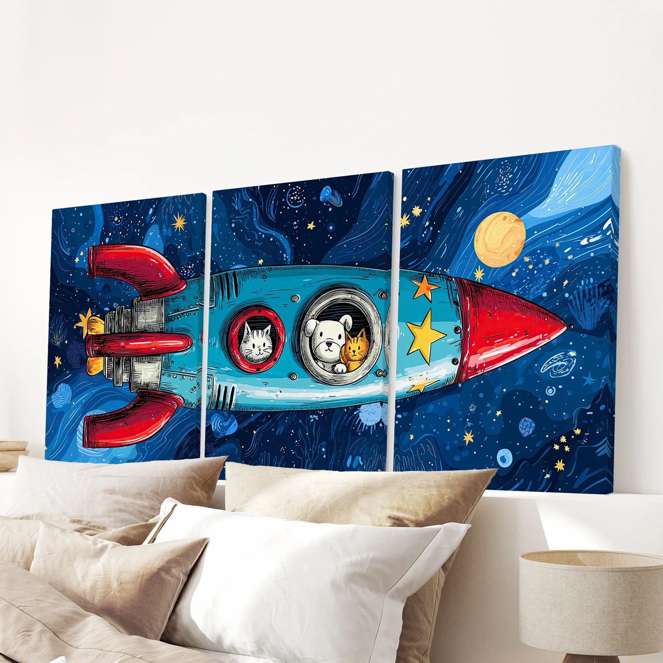 Outer Space Kids Wall Art. Rocket and Stars Nursery Prints