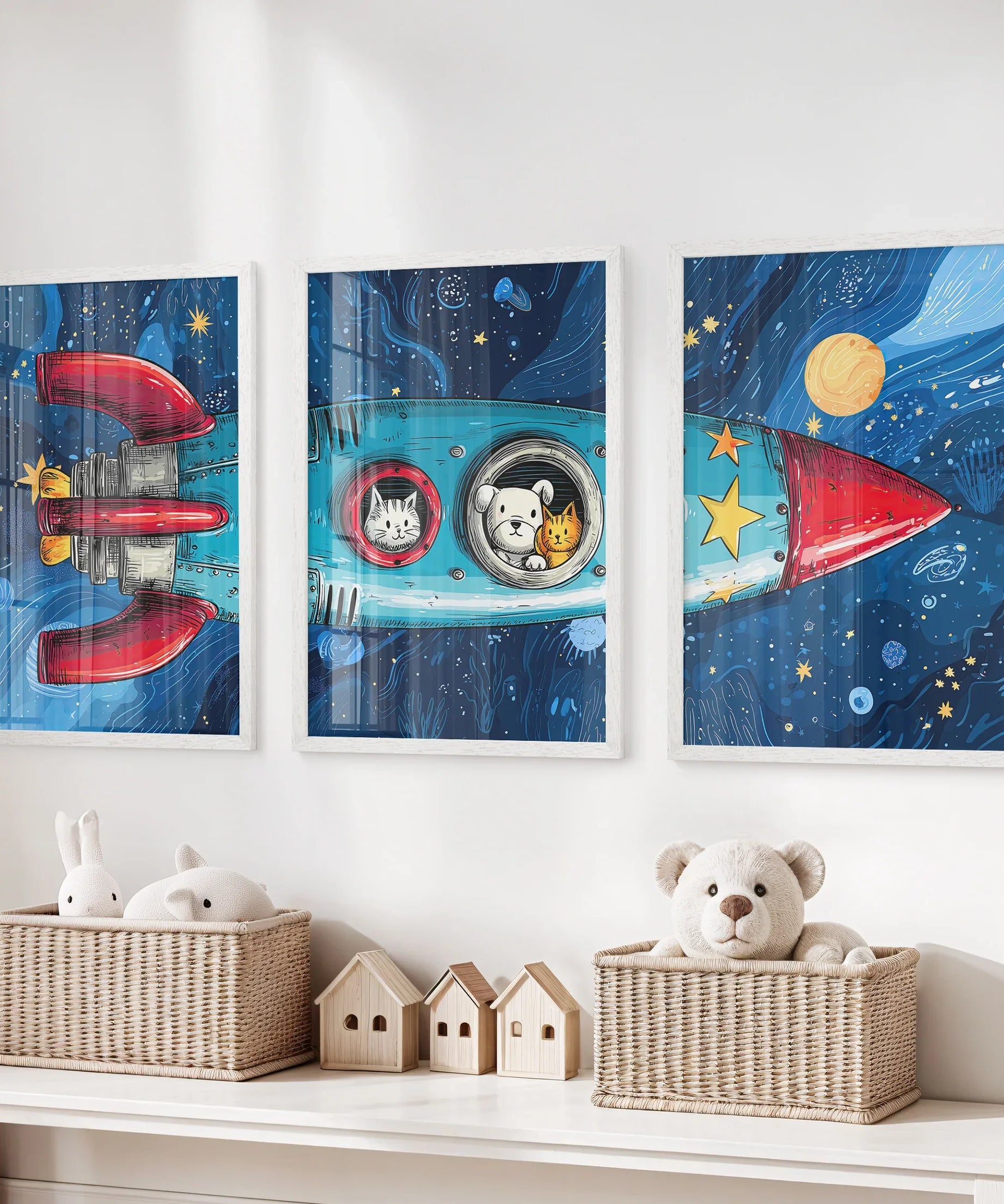 Outer Space Kids Wall Art. Rocket and Stars Nursery Prints