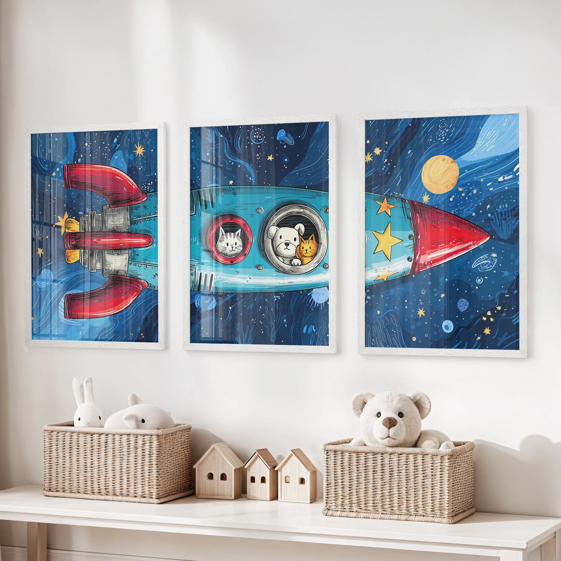 Outer Space Kids Wall Art. Rocket and Stars Nursery Prints