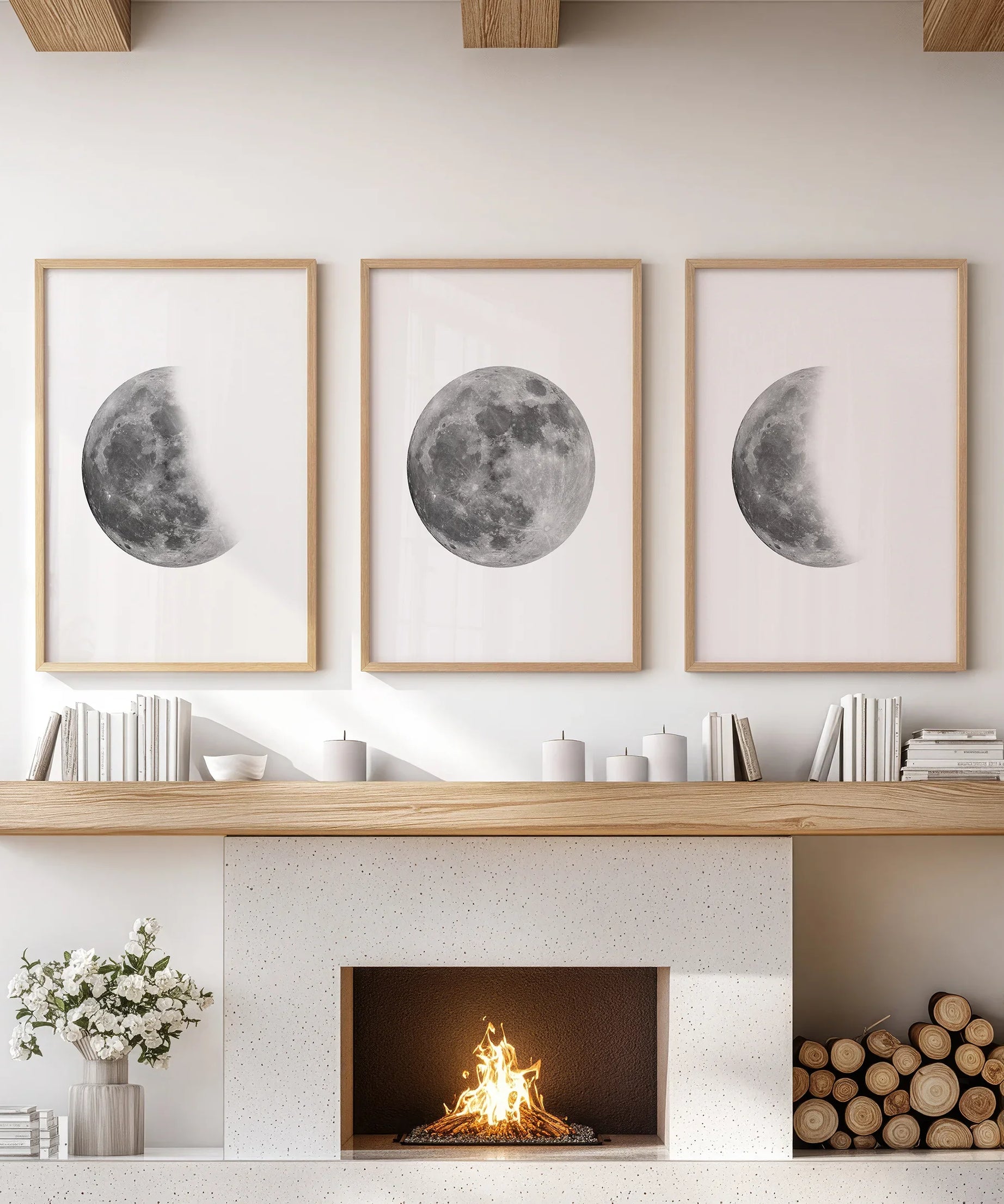 Moon Phases Set of 3 Prints. Black and White Lunar Cycle