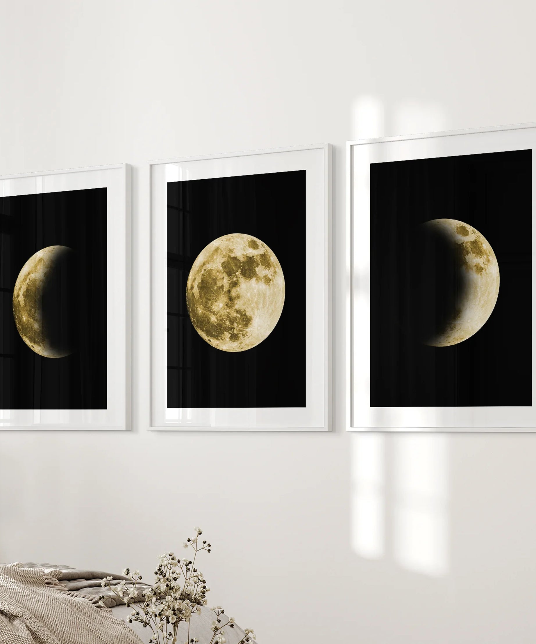 Celestial Moon 3 Piece Wall Decor. Gold Full Moon, Phases