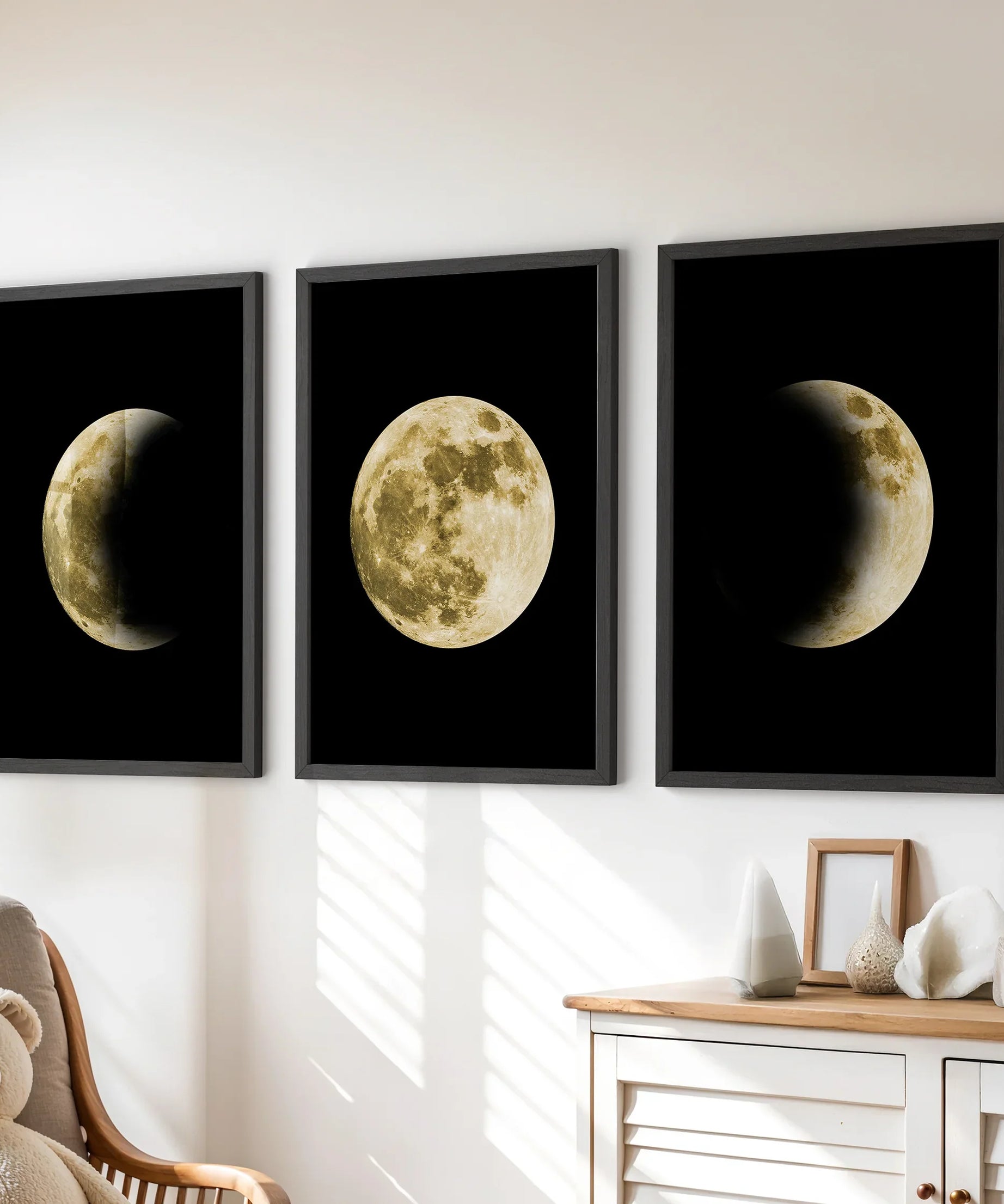 Celestial Moon 3 Piece Wall Decor. Gold Full Moon, Phases