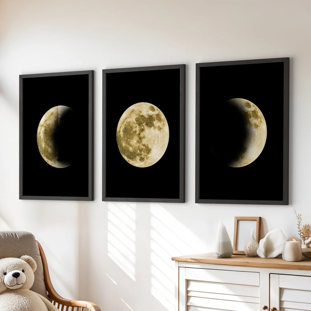 Celestial Moon 3 Piece Wall Decor. Gold Full Moon, Phases
