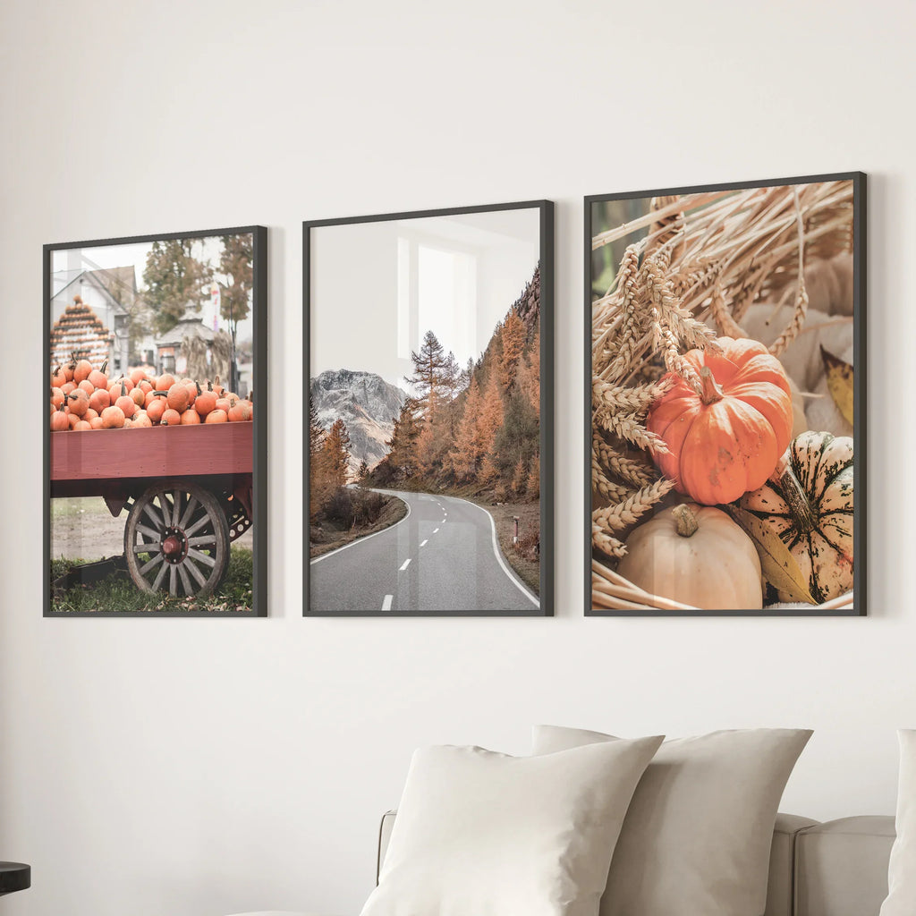 Autumn Pumpkin Set of 3 Prints. Rustic Fall Harvest Decor