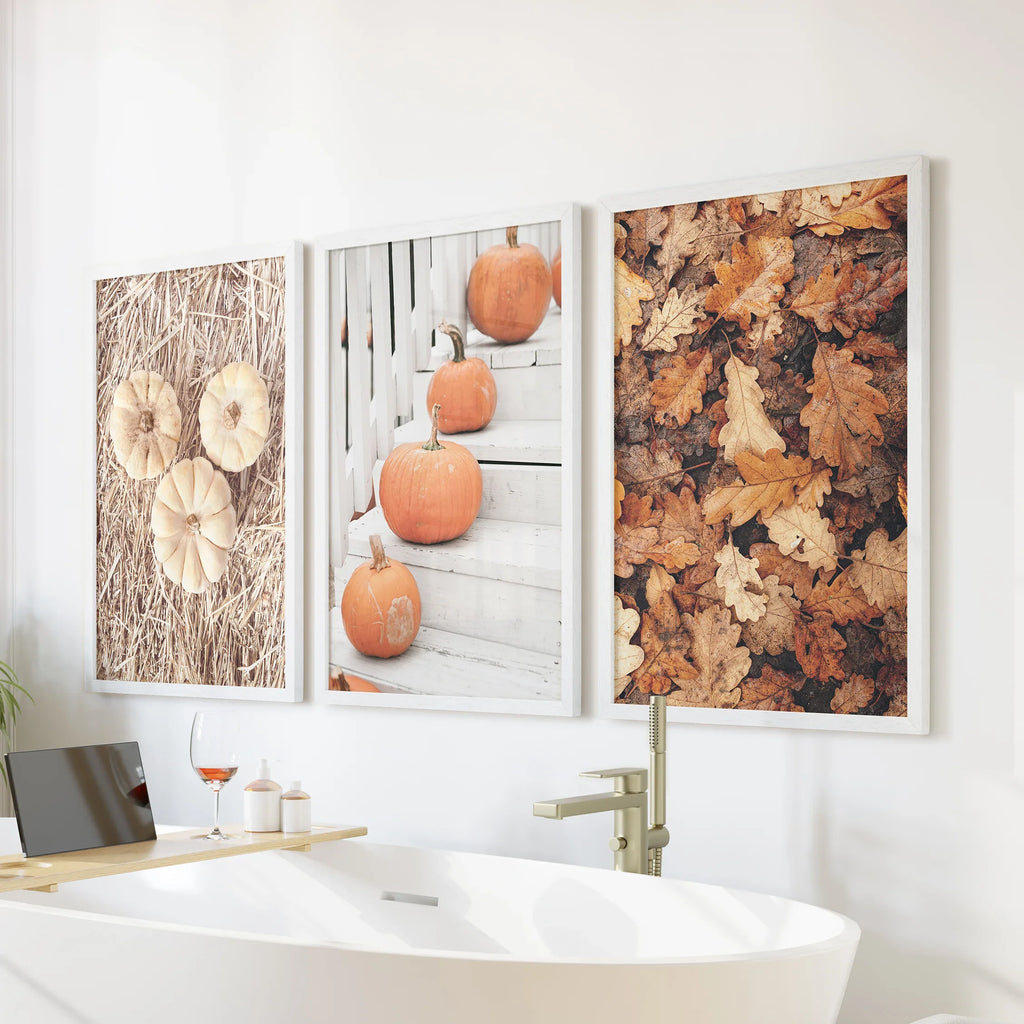Cozy Fall Wall Art Set of 3. Pumpkins and Autumn Leaves