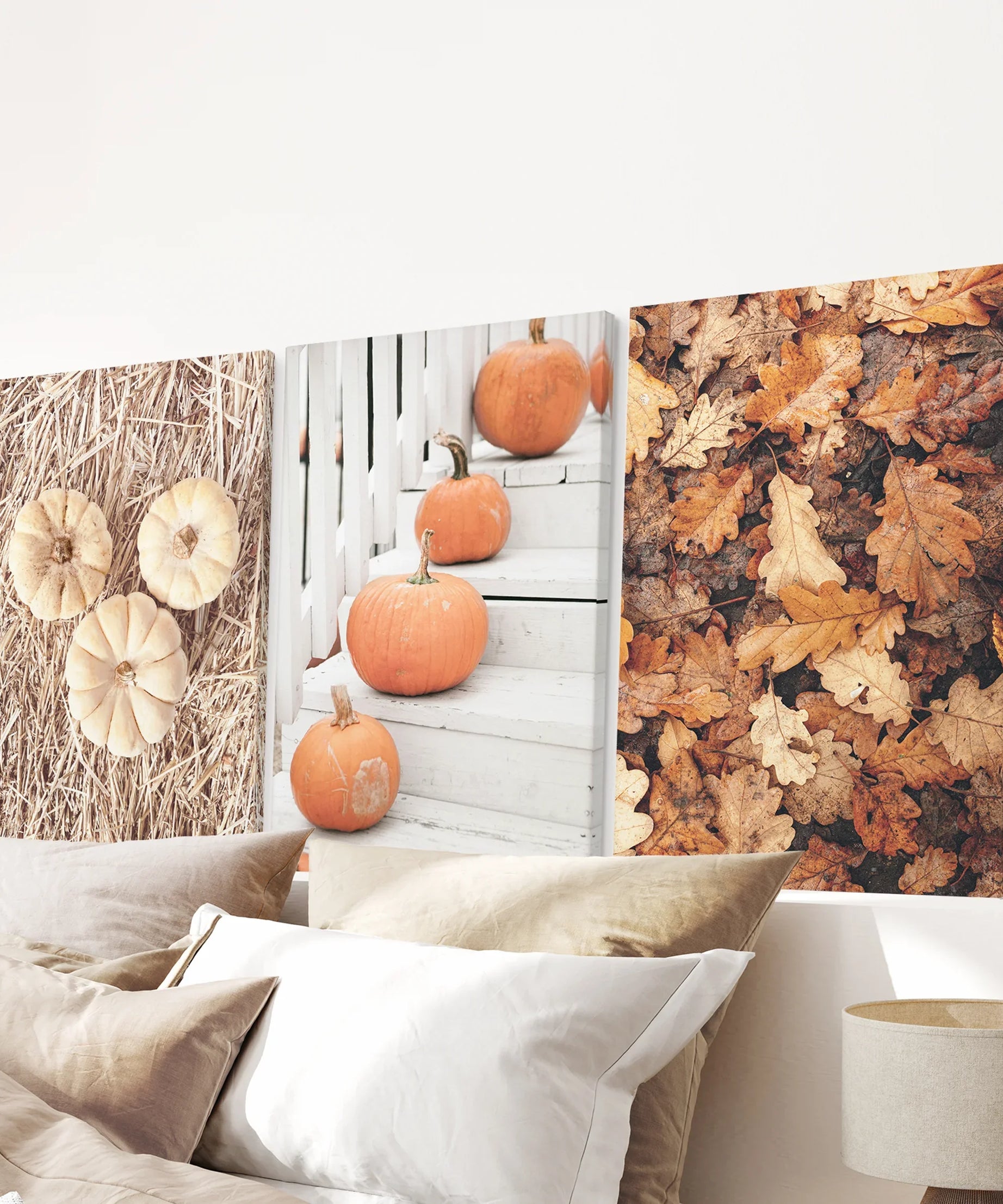 Cozy Fall Wall Art Set of 3. Pumpkins and Autumn Leaves