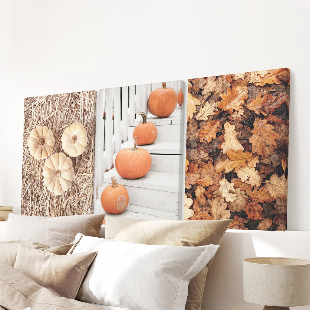 Cozy Fall Wall Art Set of 3. Pumpkins and Autumn Leaves
