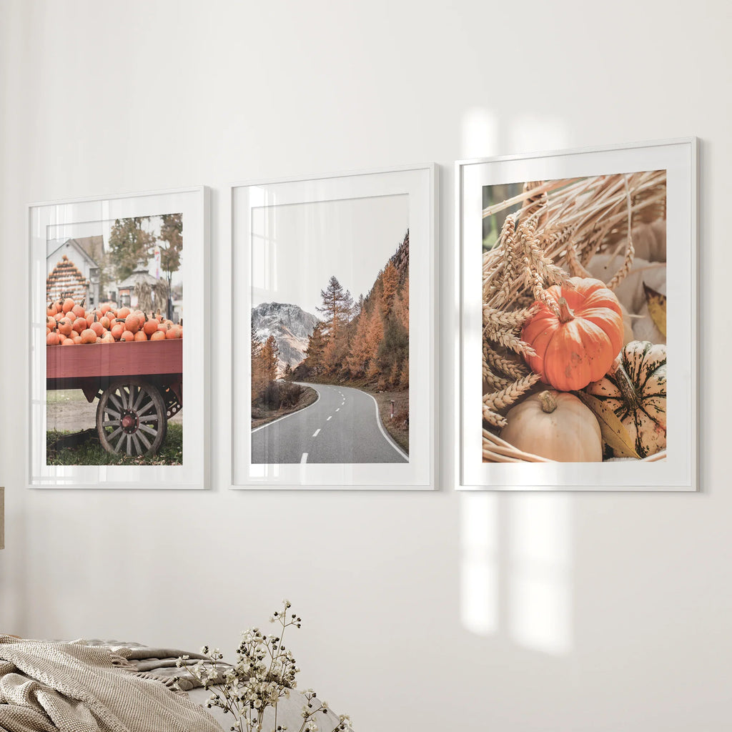 Autumn Pumpkin Set of 3 Prints. Rustic Fall Harvest Decor