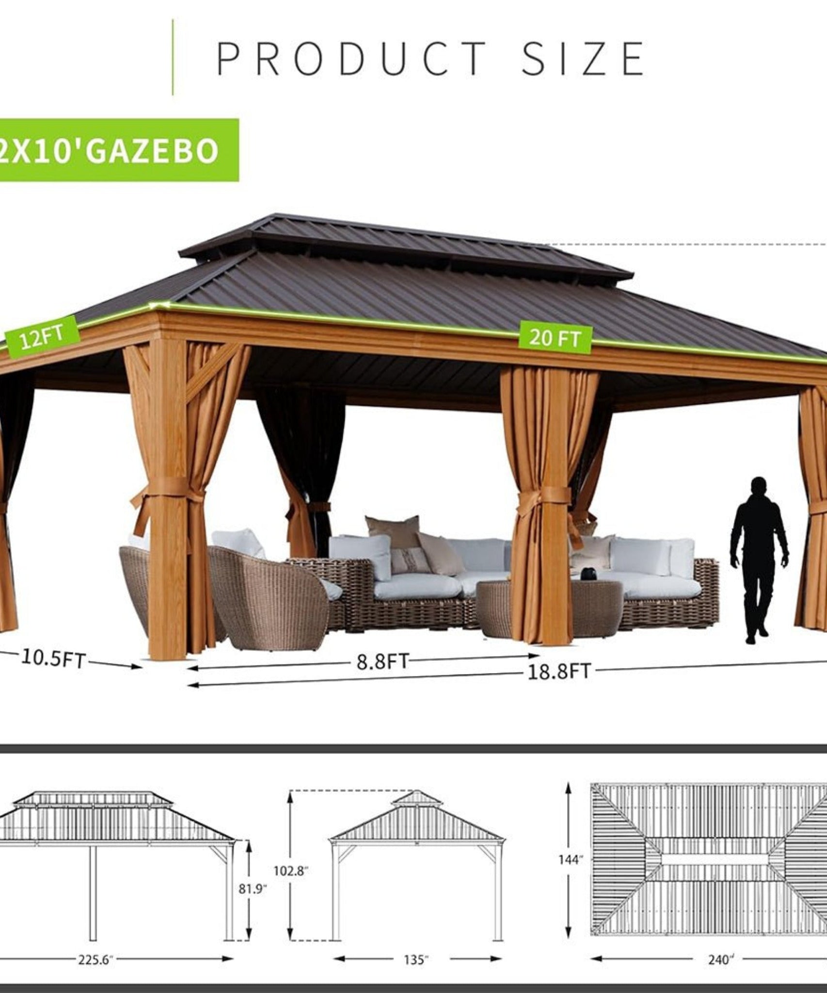 [12X20FT] Alora Premium Large Aluminum Hardtop Gazebo W/ Netting, Privacy Curtains And Wood Grain Finish (SAK58374)