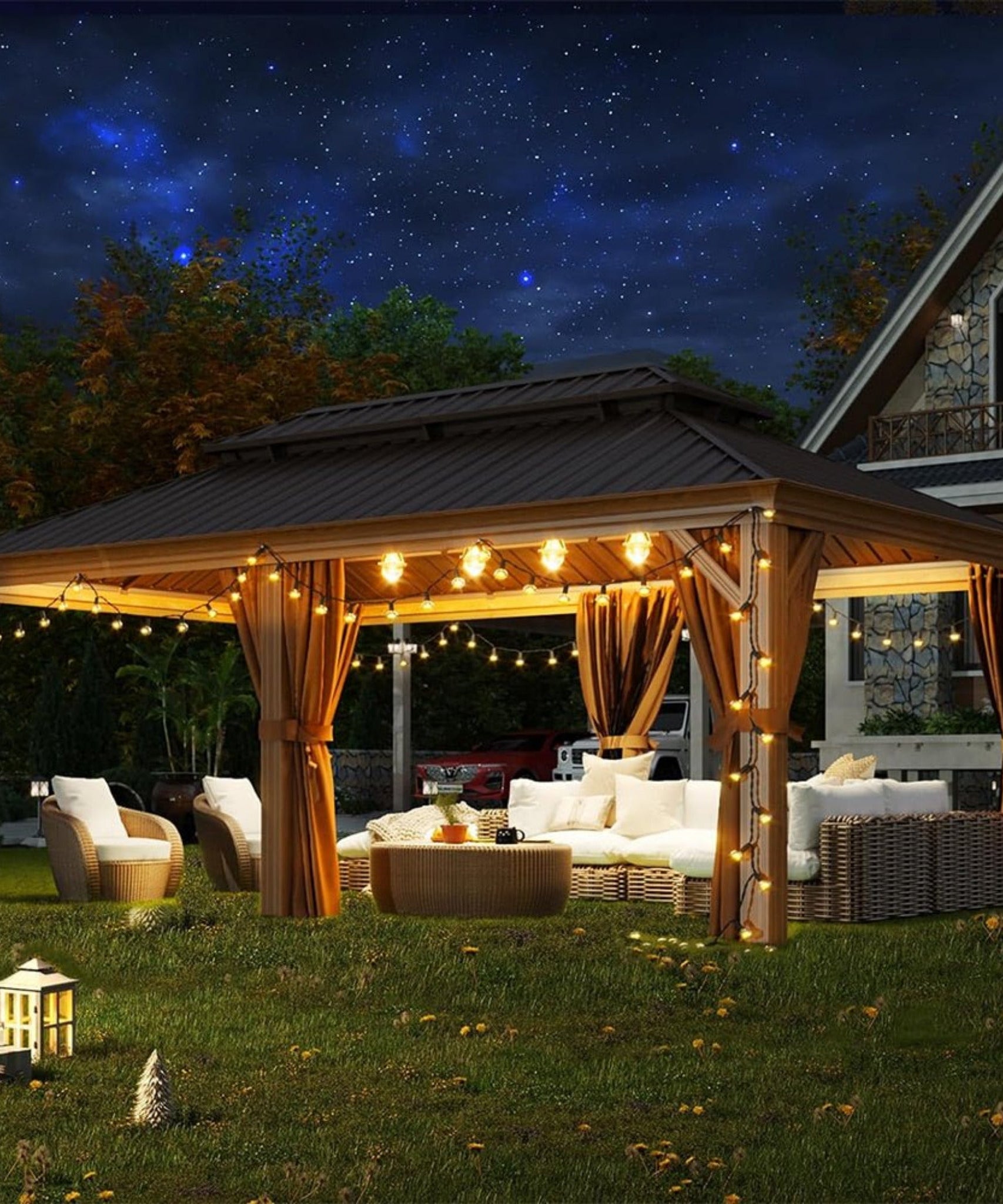 [12X20FT] Alora Premium Large Aluminum Hardtop Gazebo W/ Netting, Privacy Curtains And Wood Grain Finish (SAK58374)
