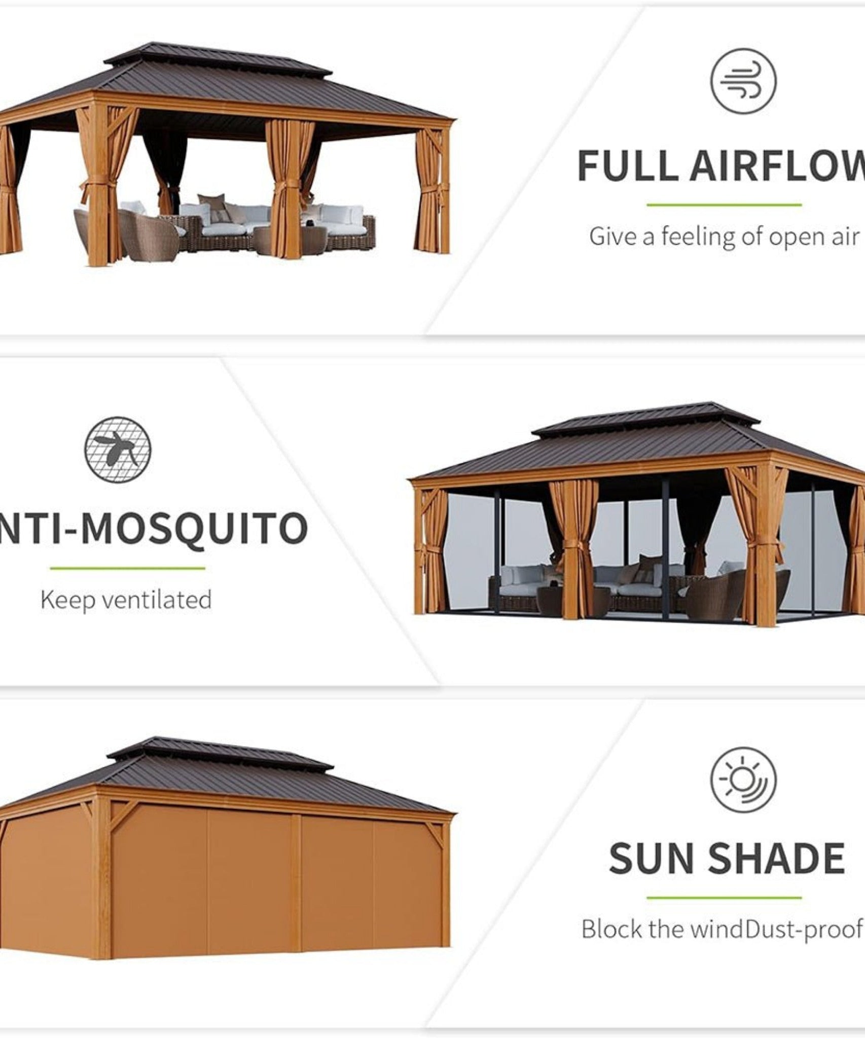 [12X20FT] Alora Premium Large Aluminum Hardtop Gazebo W/ Netting, Privacy Curtains And Wood Grain Finish (SAK58374)