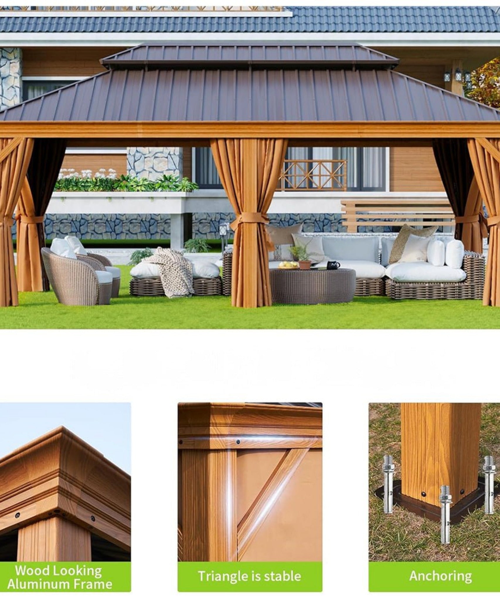[12X20FT] Alora Premium Large Aluminum Hardtop Gazebo W/ Netting, Privacy Curtains And Wood Grain Finish (SAK58374)
