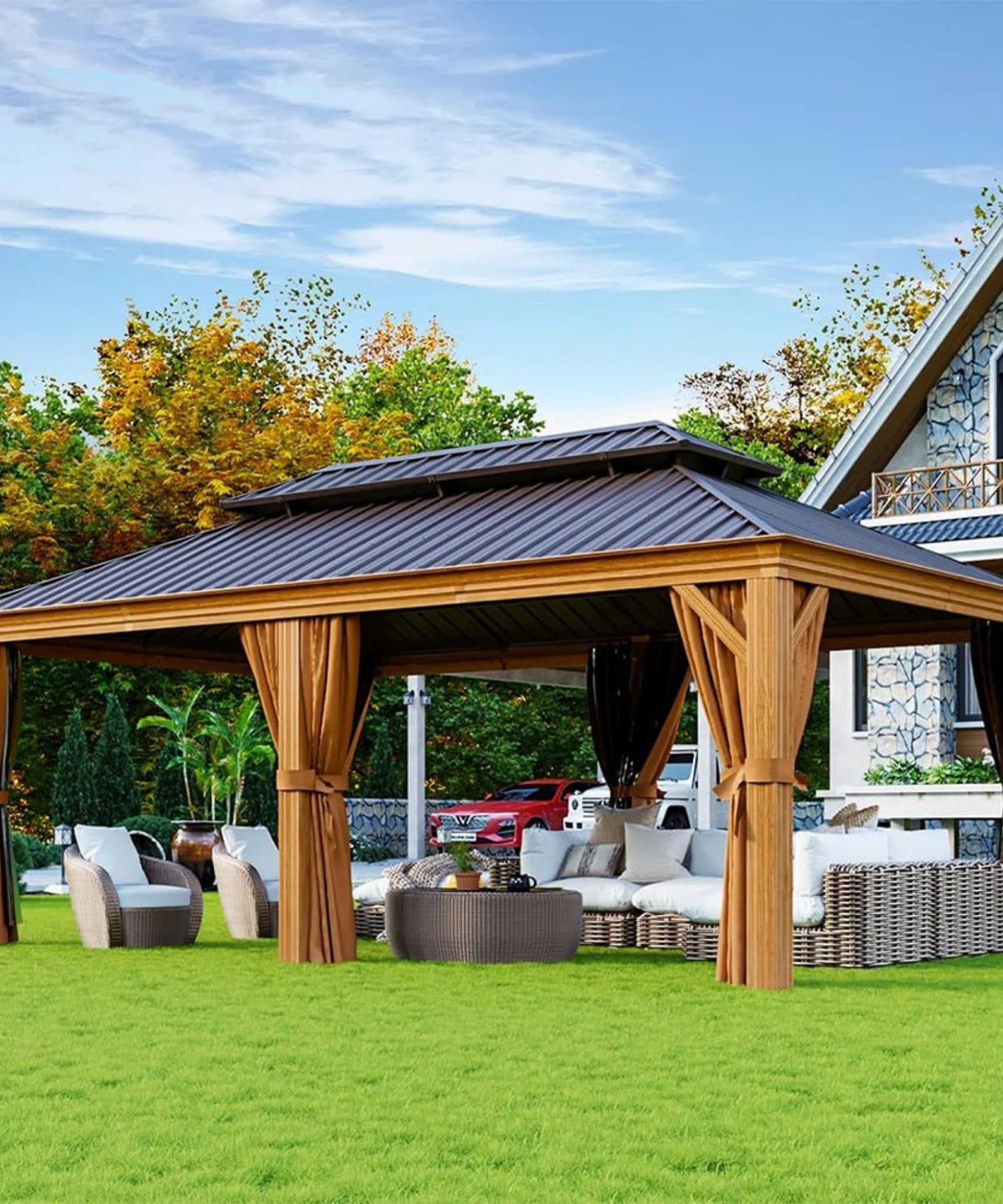 [12X20FT] Alora Premium Large Aluminum Hardtop Gazebo W/ Netting, Privacy Curtains And Wood Grain Finish (SAK58374)