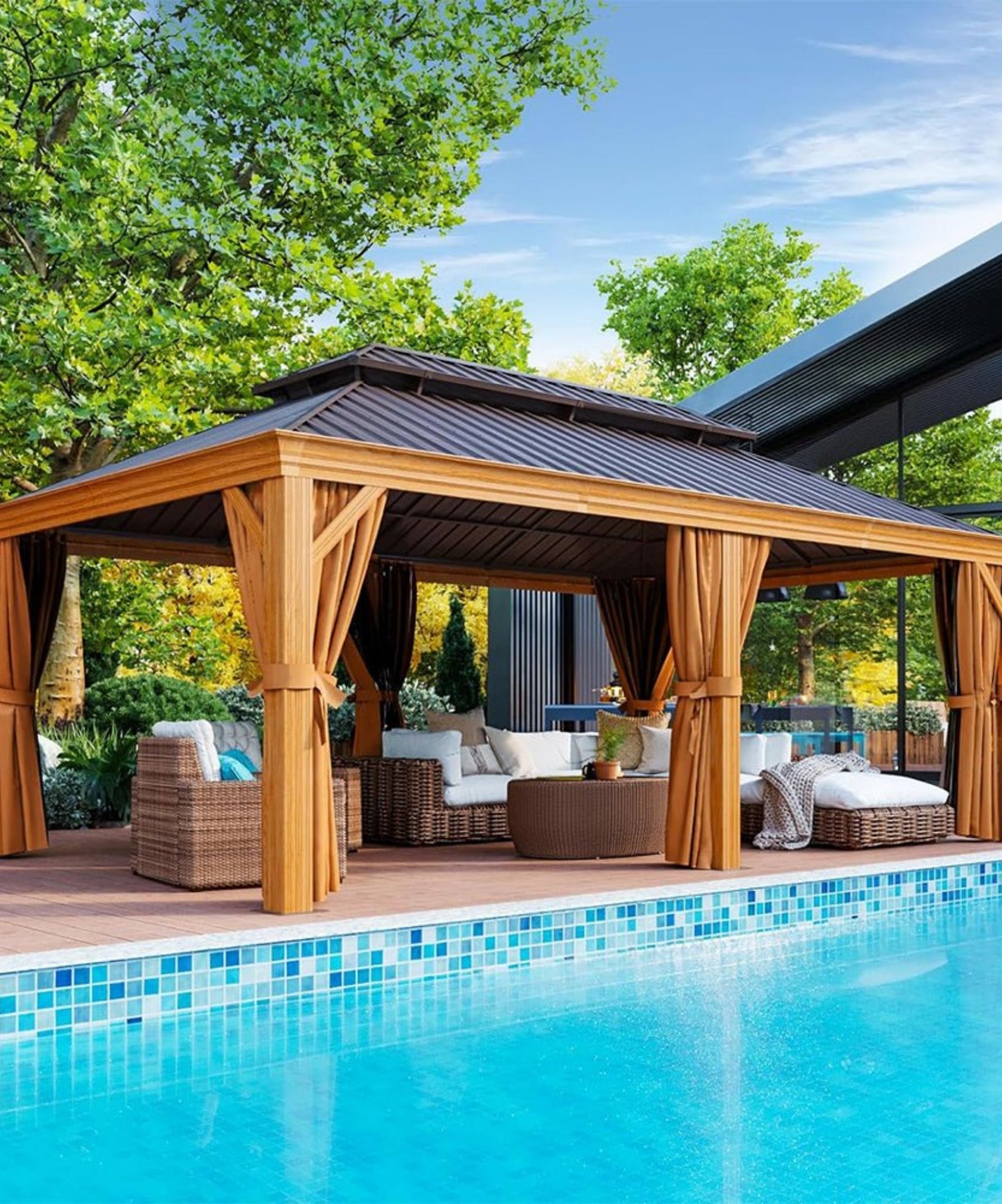 [12X20FT] Alora Premium Large Aluminum Hardtop Gazebo W/ Netting, Privacy Curtains And Wood Grain Finish (SAK58374)