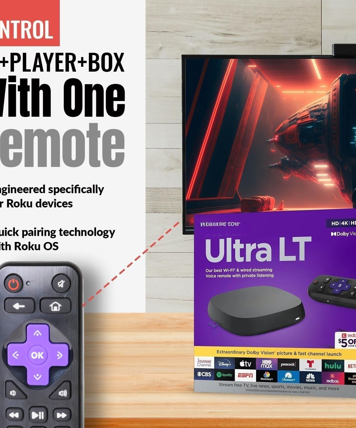 Anderic RRST01.26 Universal for all Roku Players and TV's with Learning | Replaces RC-ALIR, RC-CHIR, RC280, Ultra, Express, and more