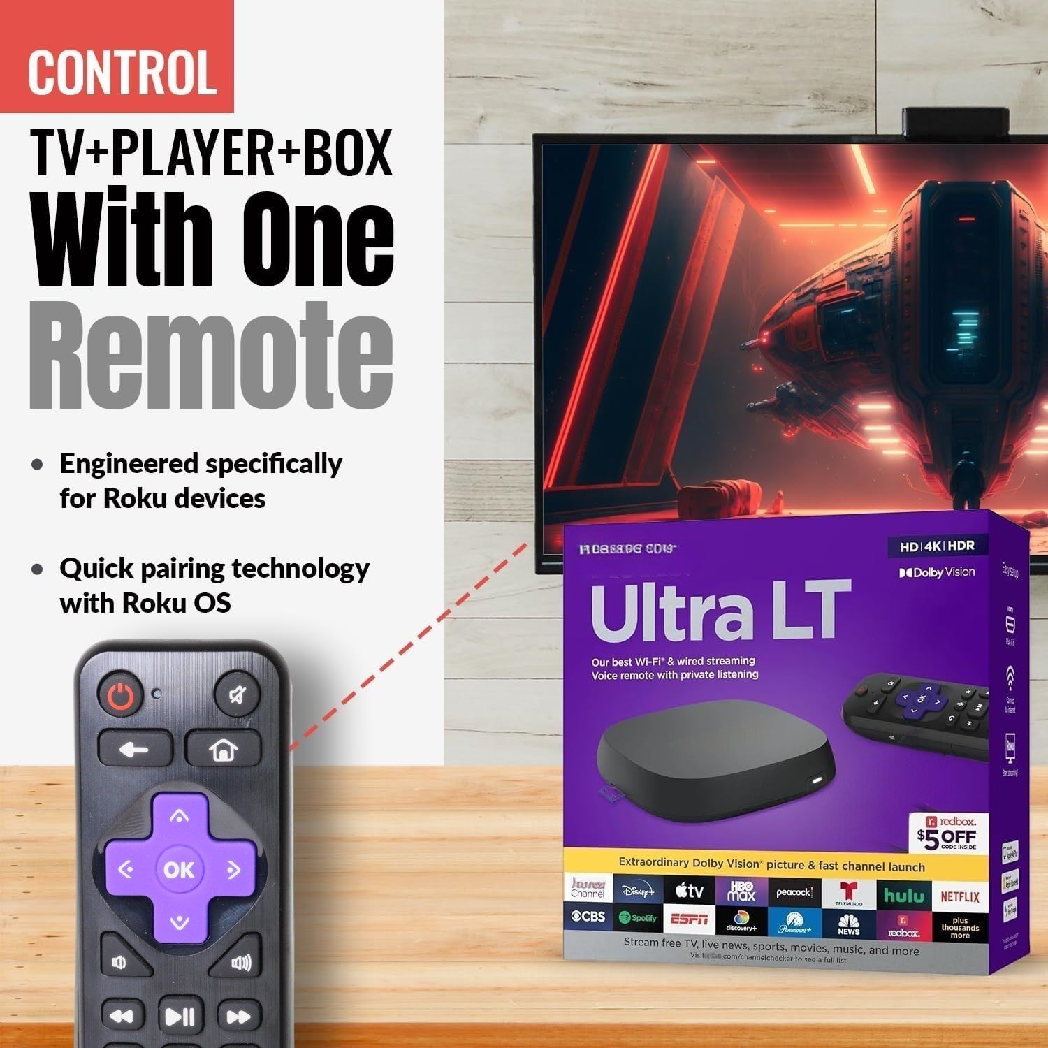 Anderic RRST01.26 Universal for all Roku Players and TV's with Learning | Replaces RC-ALIR, RC-CHIR, RC280, Ultra, Express, and more