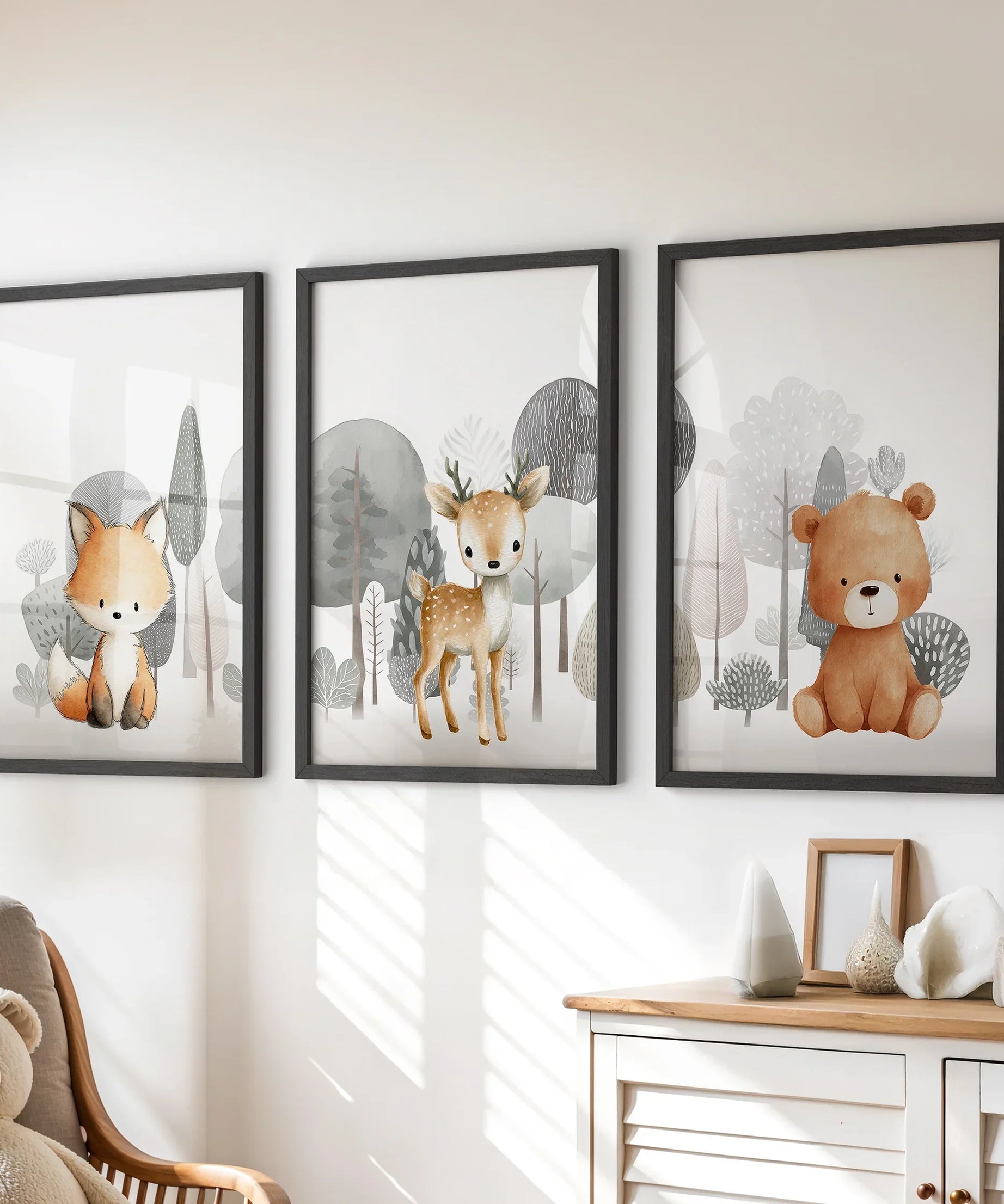 Forest Animal Nursery Decor. Cute Fox Fawn Bear Print Set
