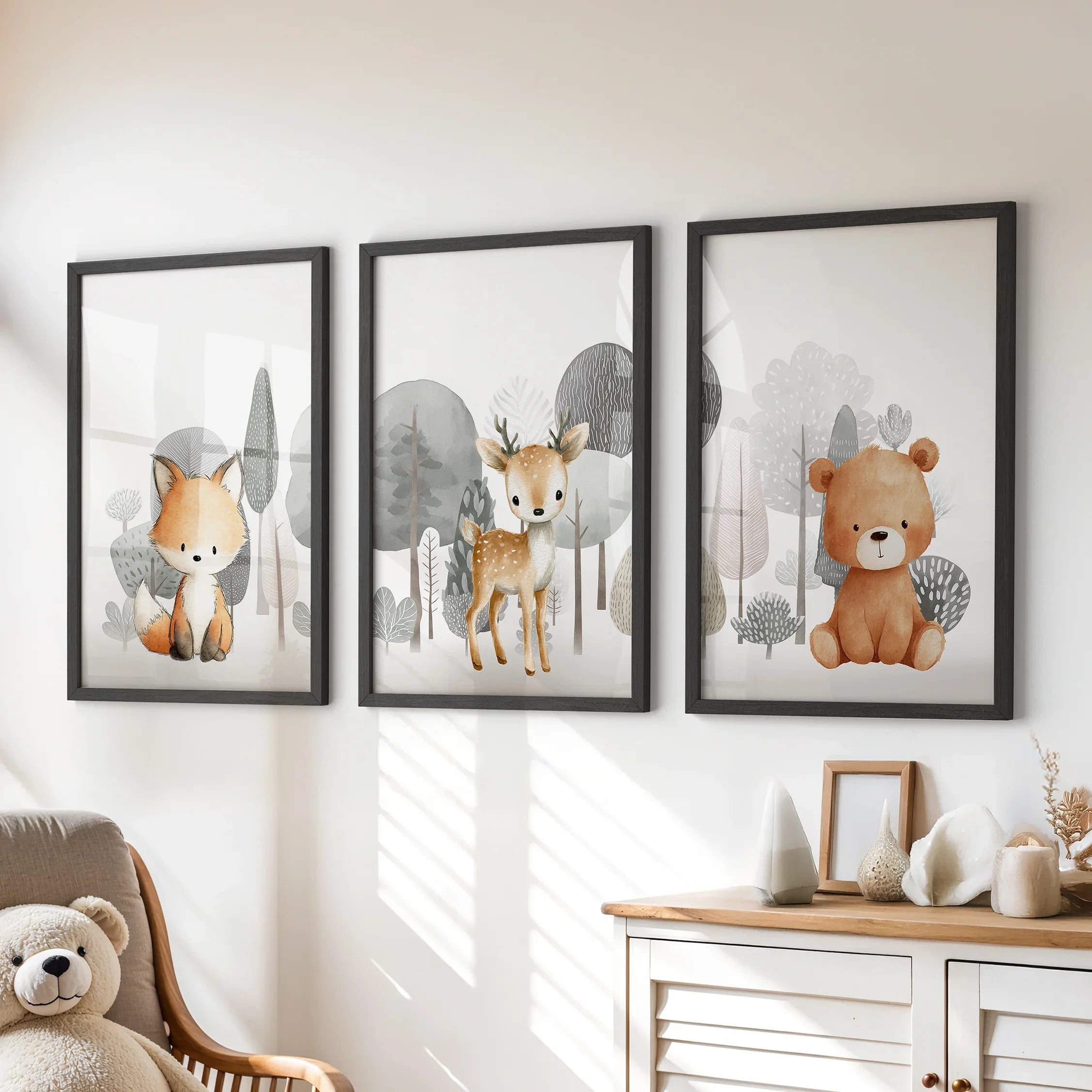 Forest Animal Nursery Decor. Cute Fox Fawn Bear Print Set