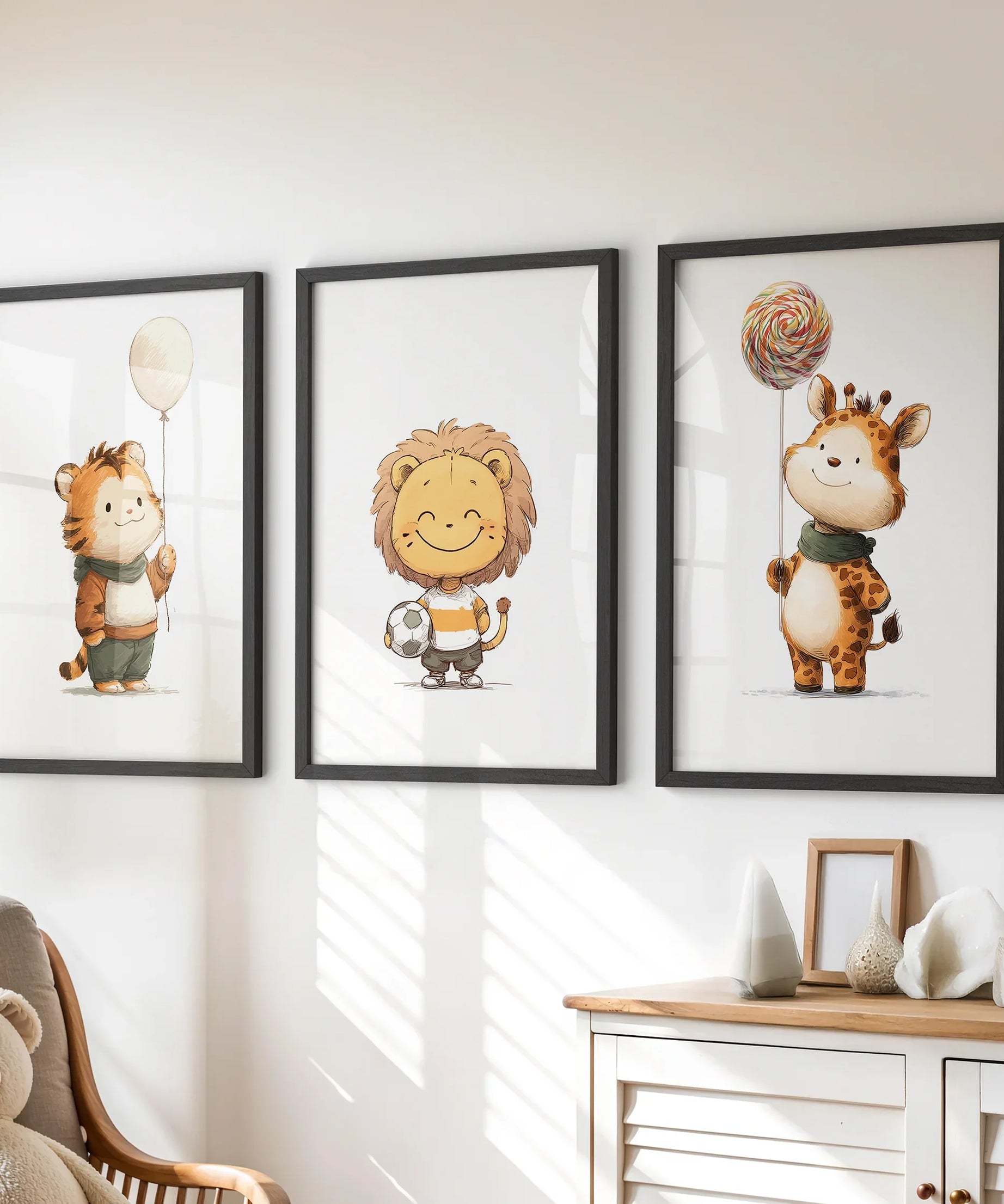 Woodland Jungle Set of 3 Prints. Lion, Giraffe, Tiger Art