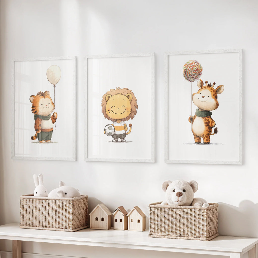 Woodland Jungle Set of 3 Prints. Lion, Giraffe, Tiger Art