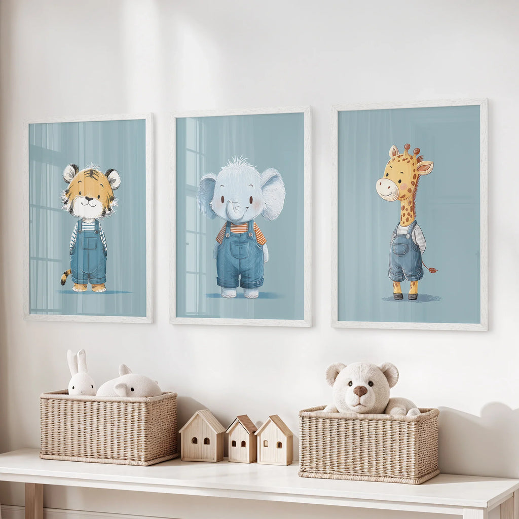 Safari Nursery Wall Art Set of 3. Baby Elephant, Giraffe, Tiger