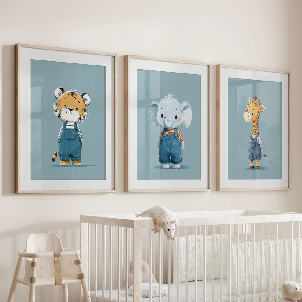 Safari Nursery Wall Art Set of 3. Baby Elephant, Giraffe, Tiger