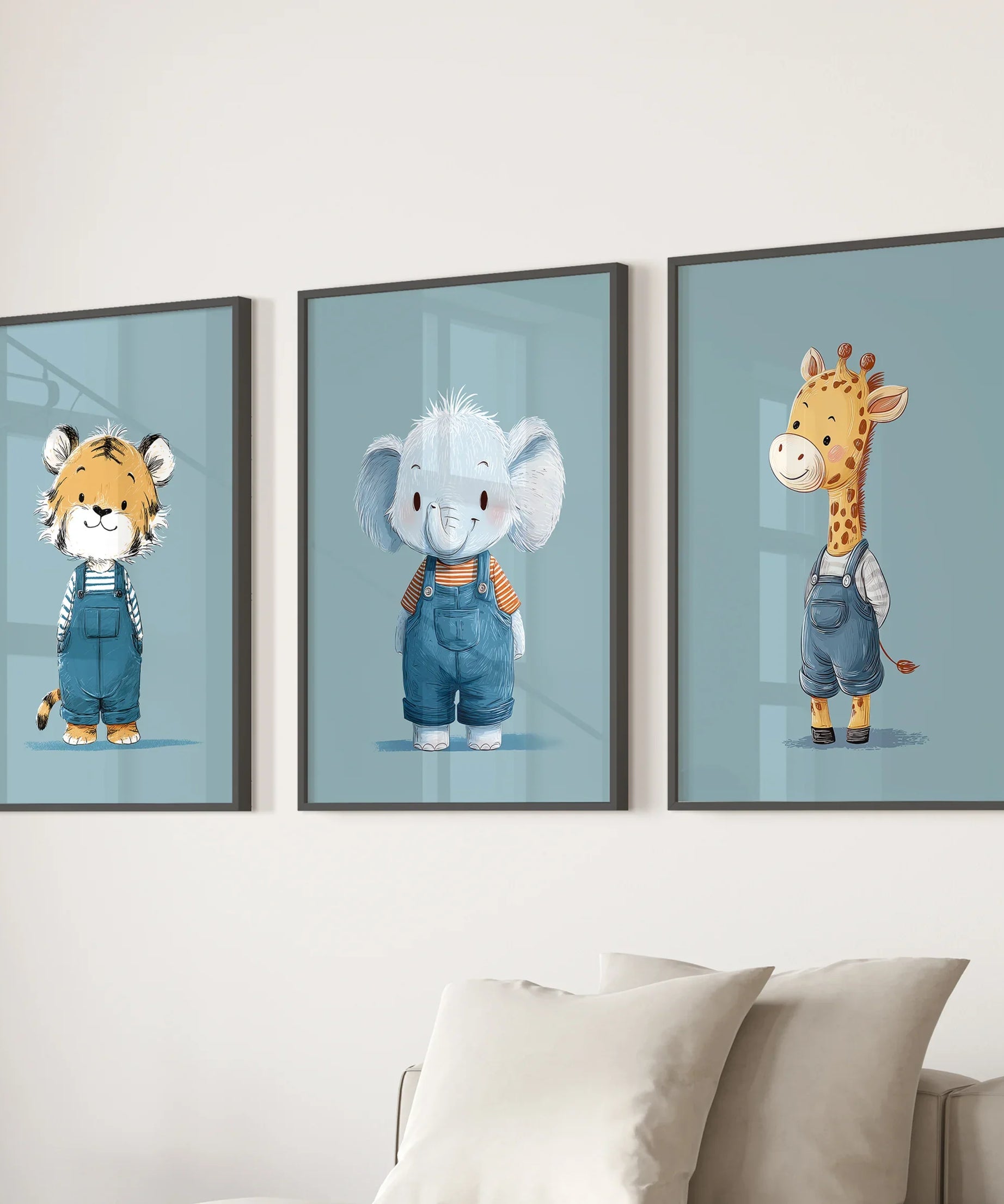 Safari Nursery Wall Art Set of 3. Baby Elephant, Giraffe, Tiger