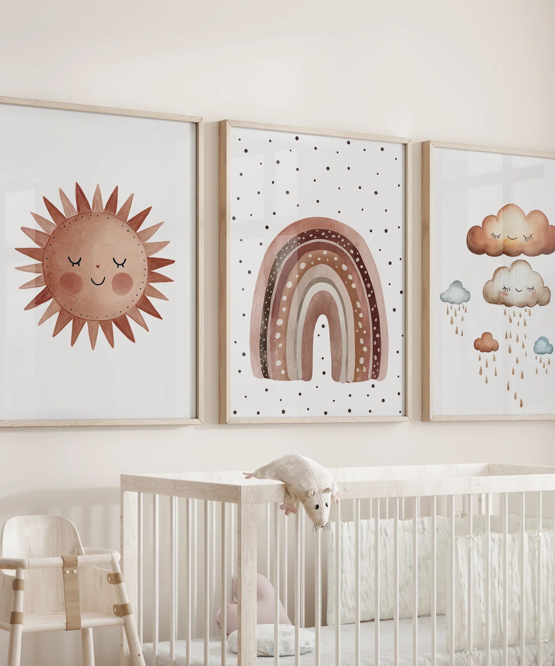 Minimalist Baby Room Wall Art Set of 3. Earthy Rainbow Theme