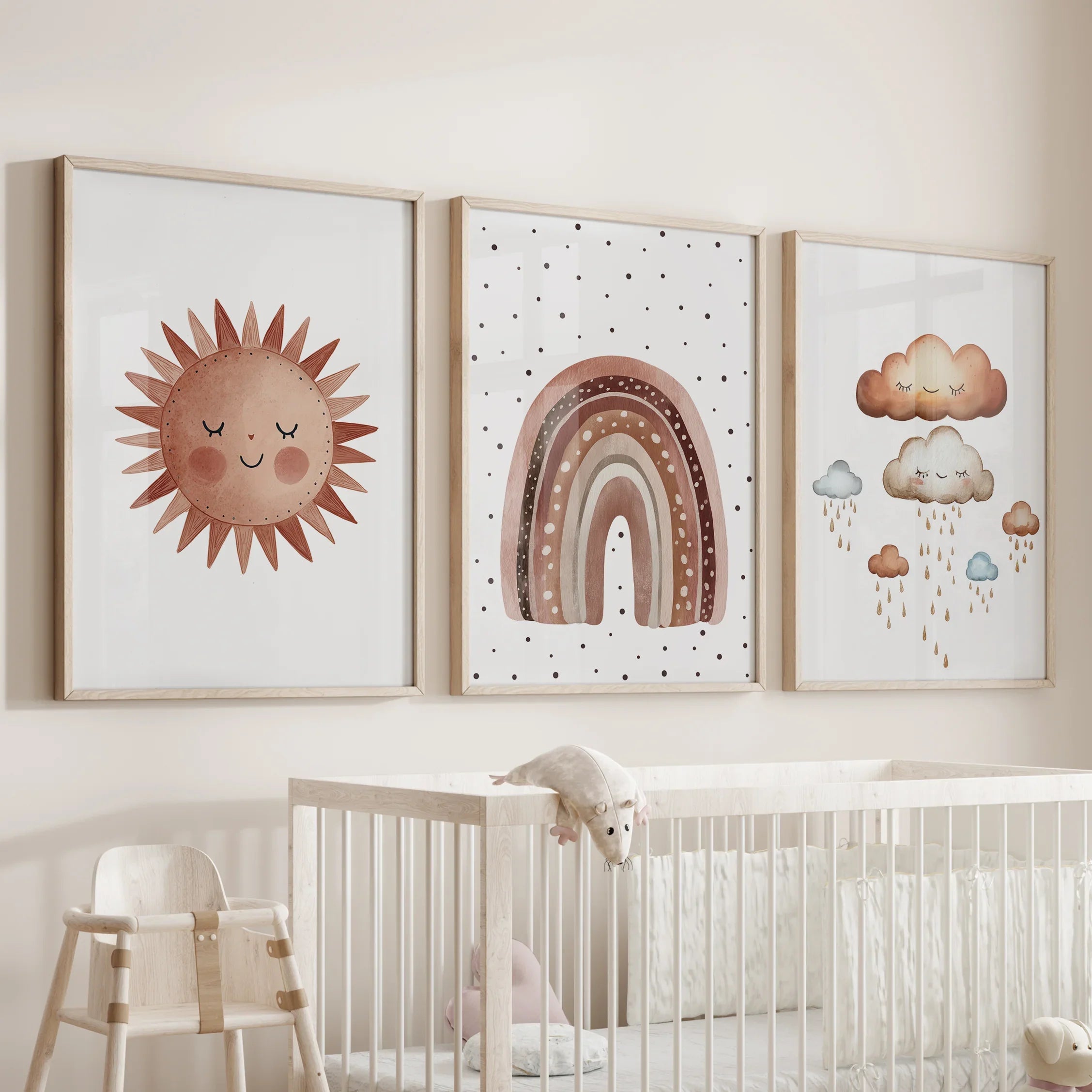 Minimalist Baby Room Wall Art Set of 3. Earthy Rainbow Theme