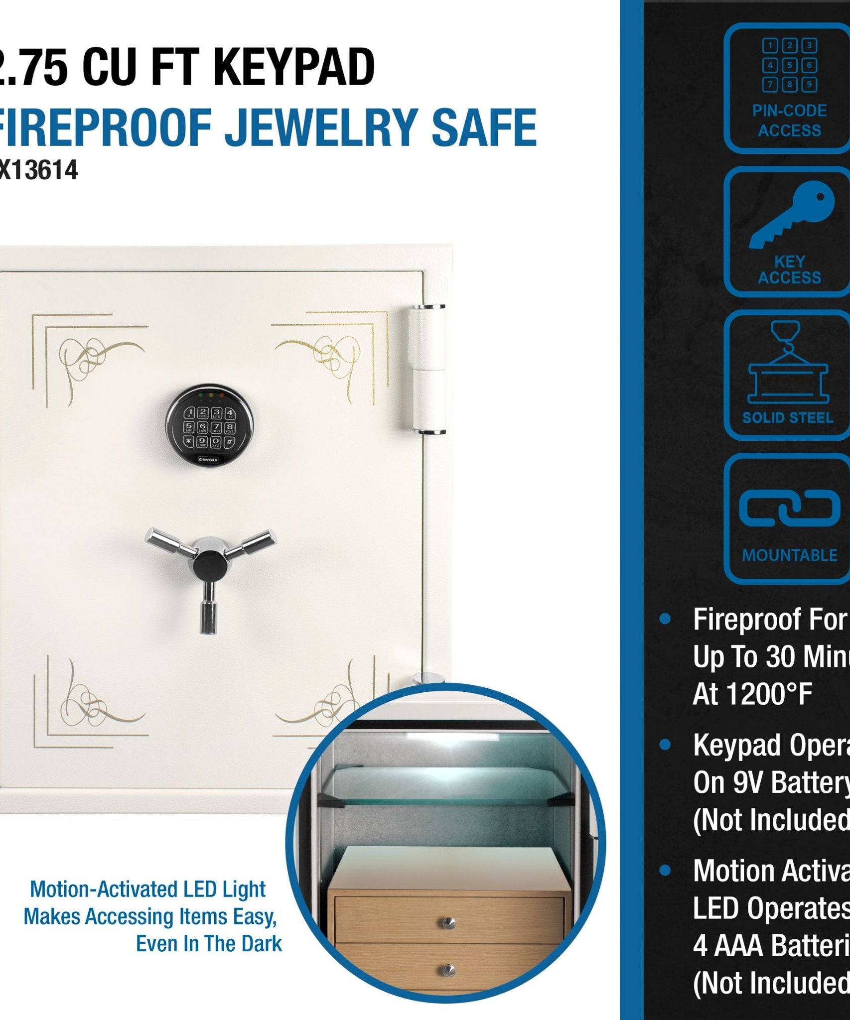 Barska 2.75 CF White Fireproof Jewelry Safe With Jewelry Storage Drawer (SAK69047)