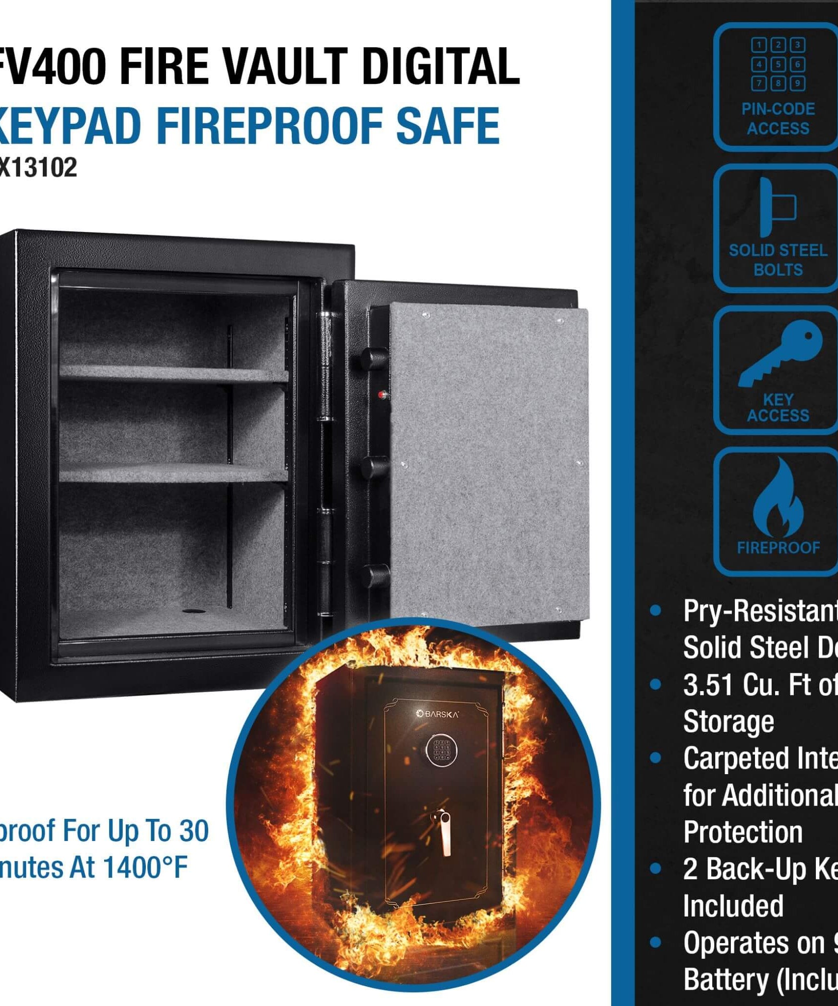 Barska 3.51 CF Heavy-Duty Steel Fireproof Safe Vault With Electronic Lock (SAK85021)
