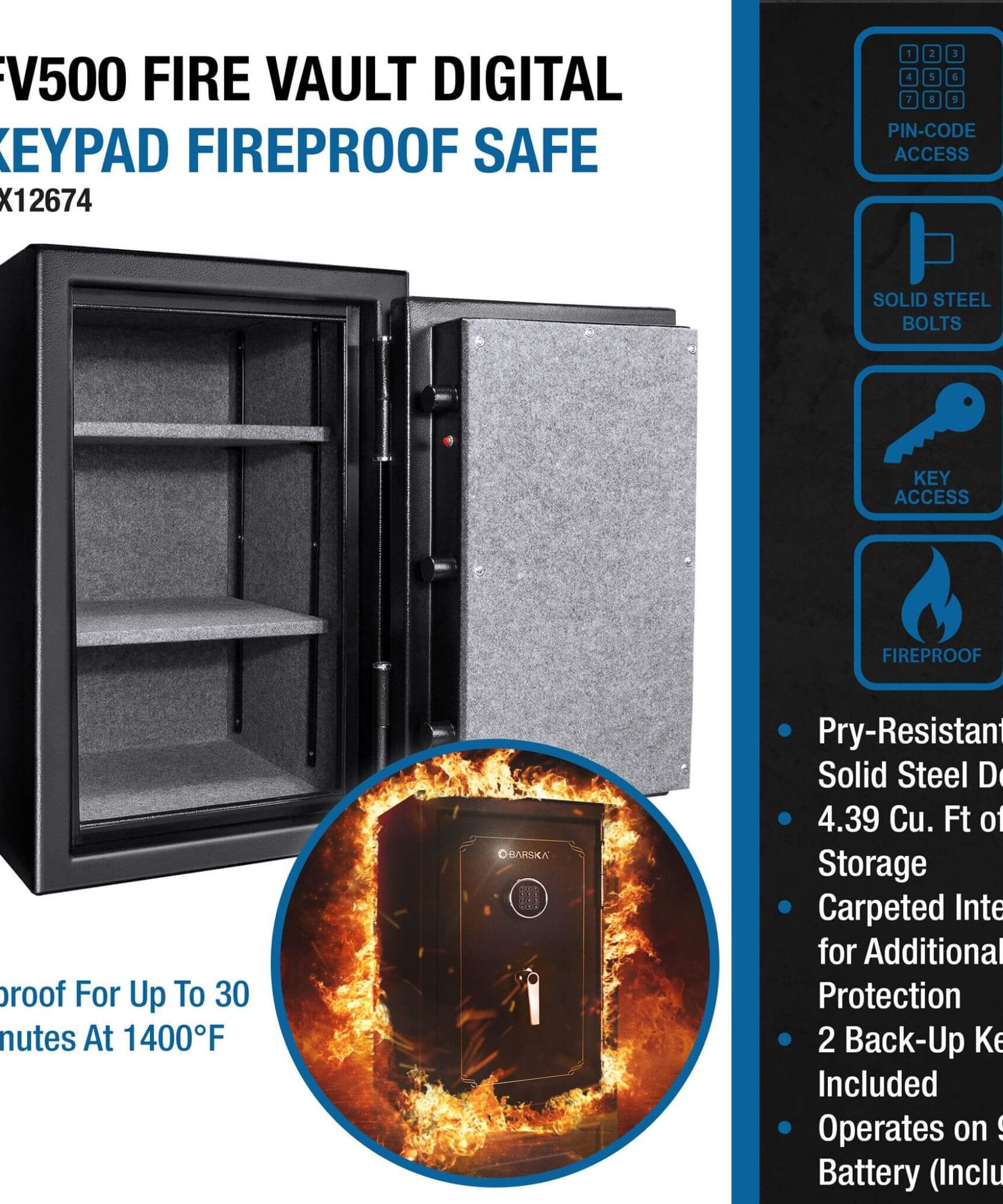 Barska 4.39 CF Heavy-Duty Steel Fireproof Safe Vault With Digital Keypad (SAK51786)