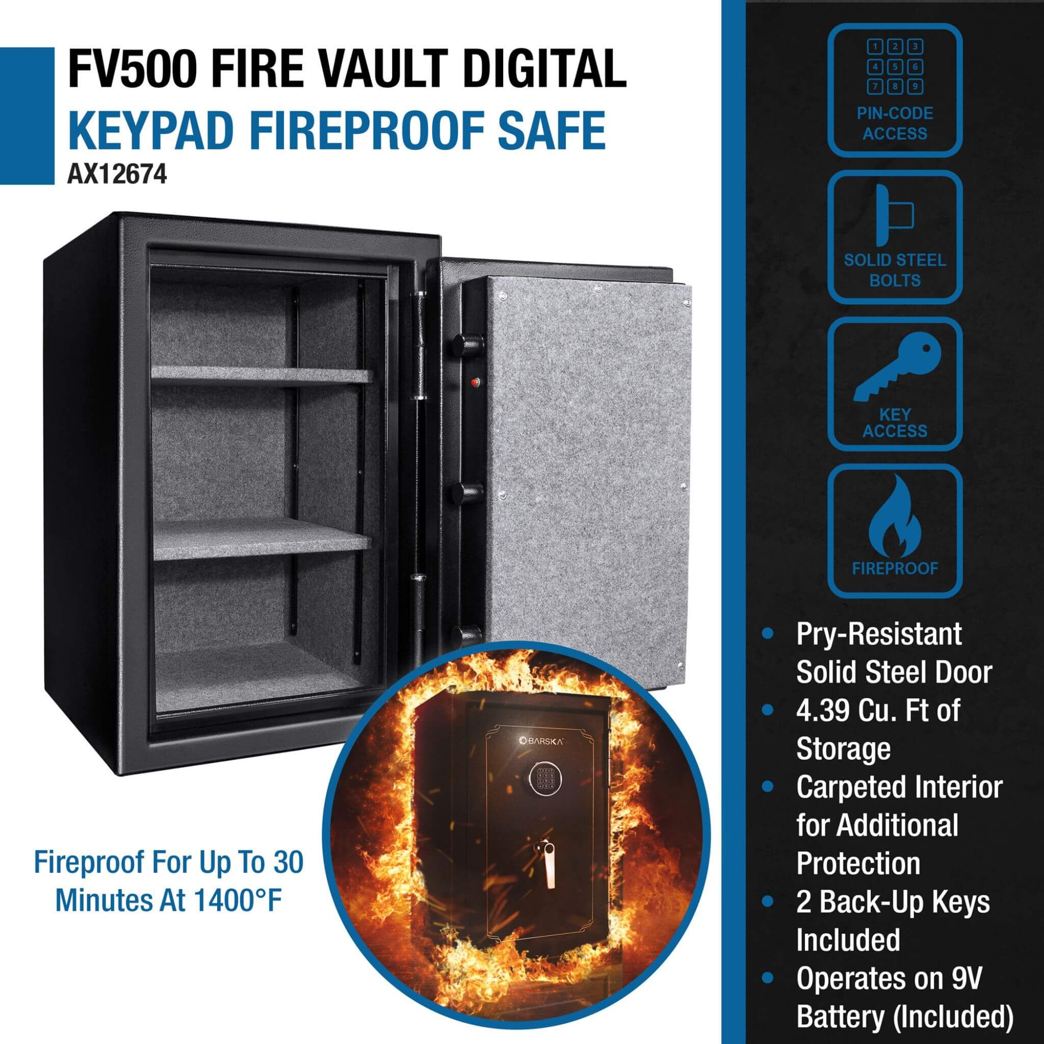 Barska 4.39 CF Heavy-Duty Steel Fireproof Safe Vault With Digital Keypad (SAK51786)