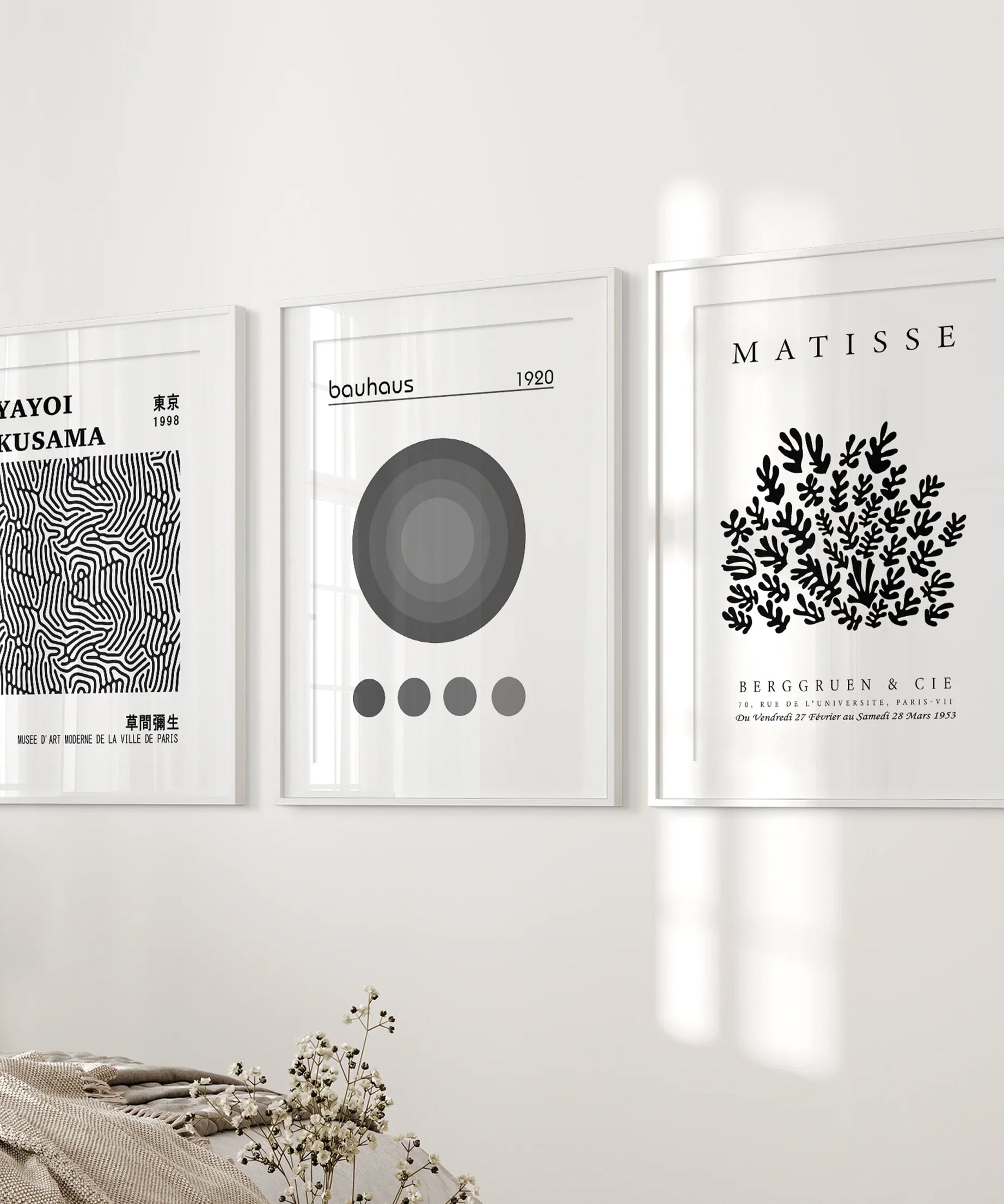 Black White Kusama, Matisse, Bauhaus Posters. Art Set of 3