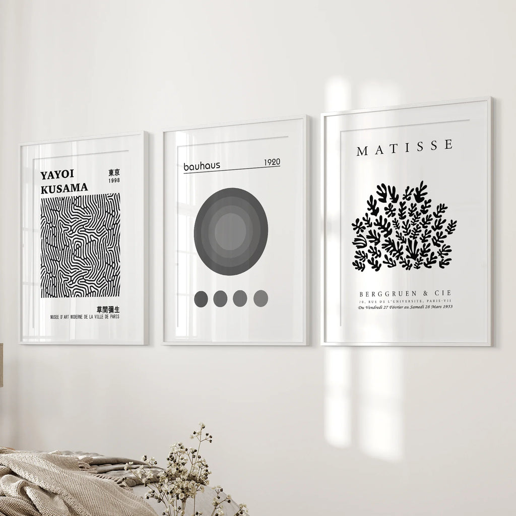 Black White Kusama, Matisse, Bauhaus Posters. Art Set of 3