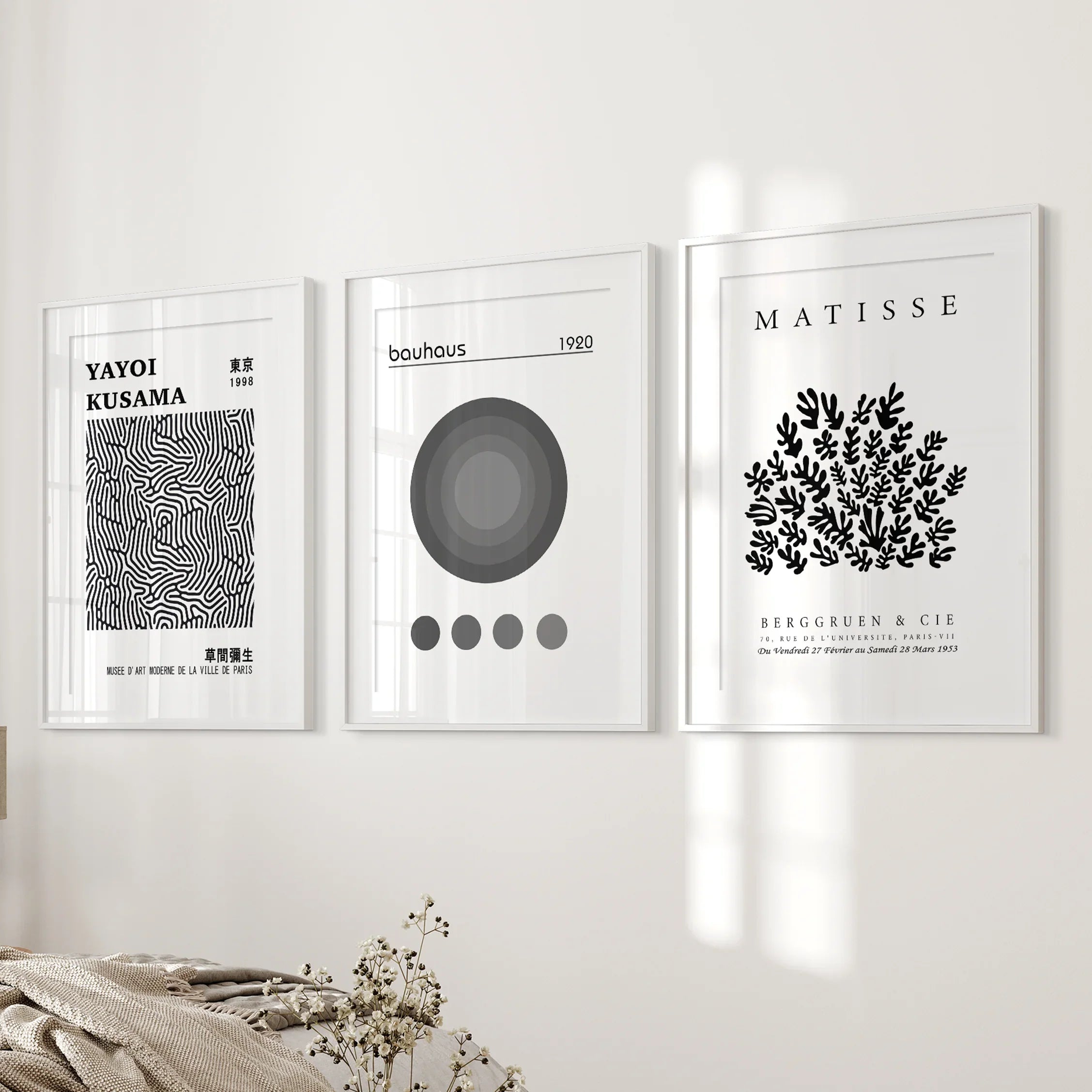 Black White Kusama, Matisse, Bauhaus Posters. Art Set of 3