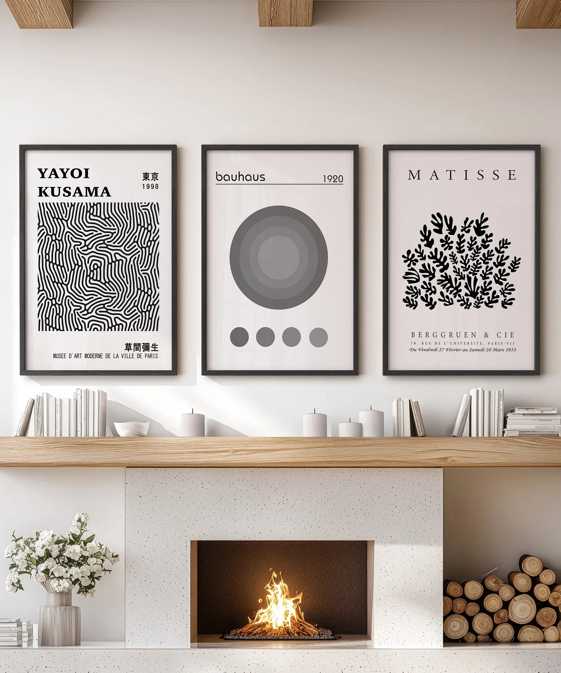 Black White Kusama, Matisse, Bauhaus Posters. Art Set of 3