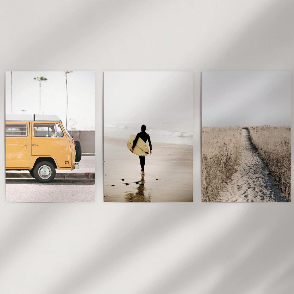 California Beach Set of 3 Prints. Surfer, Retro Van Decor