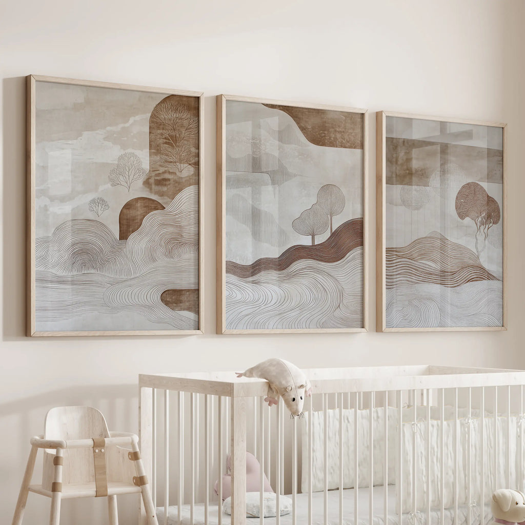 Wabi Sabi Line Art Set of 3 Prints. Earth Tones Landscape