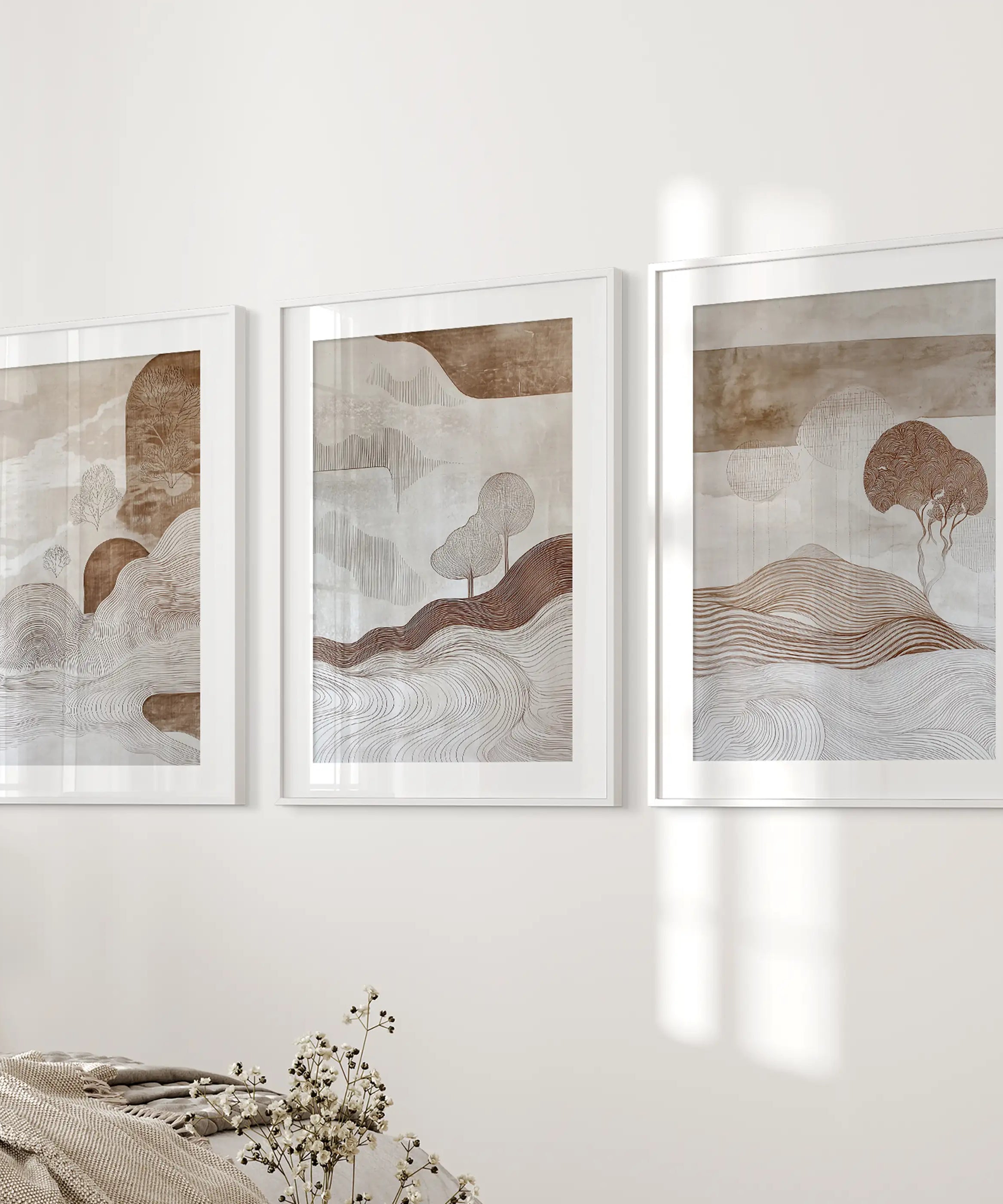 Wabi Sabi Line Art Set of 3 Prints. Earth Tones Landscape