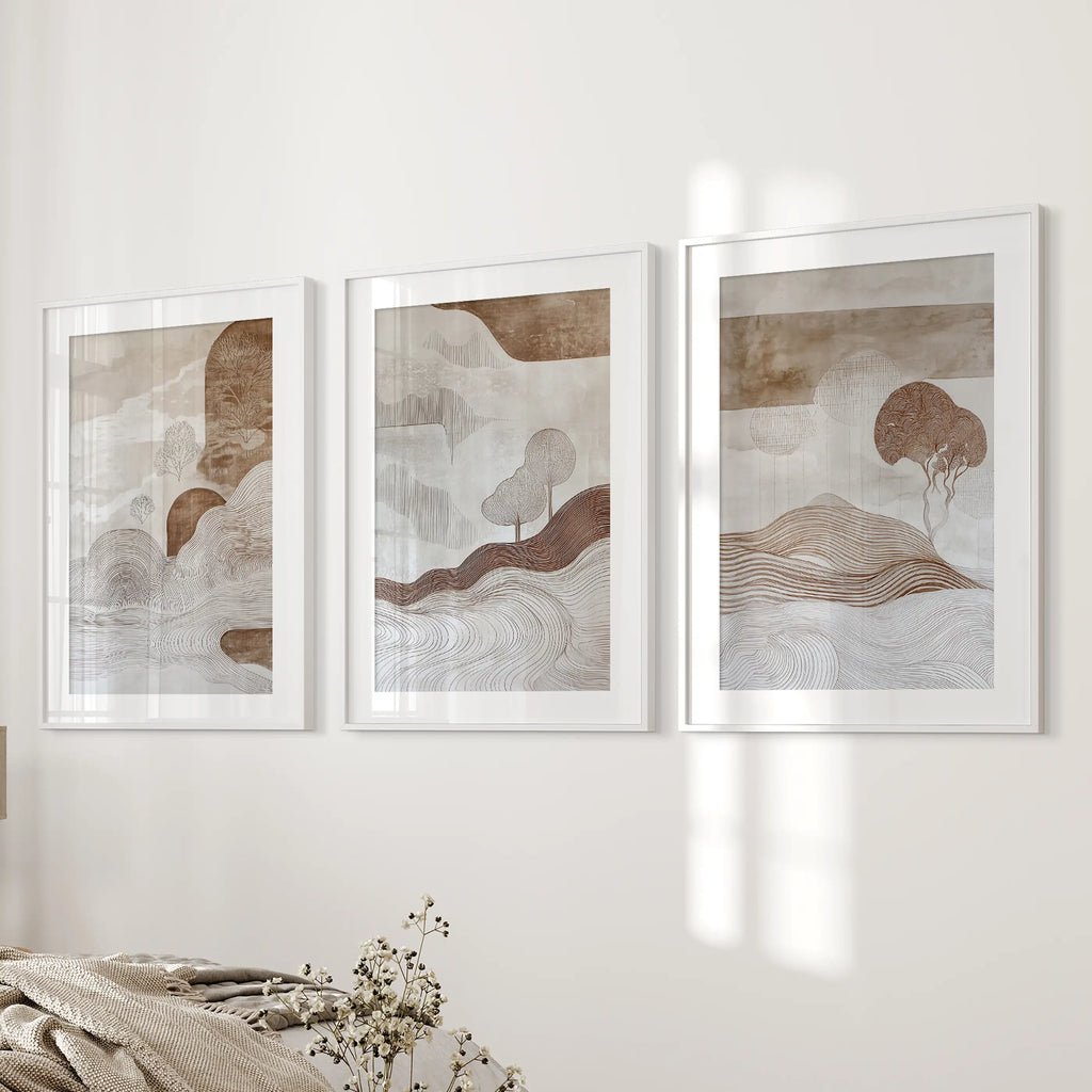 Wabi Sabi Line Art Set of 3 Prints. Earth Tones Landscape