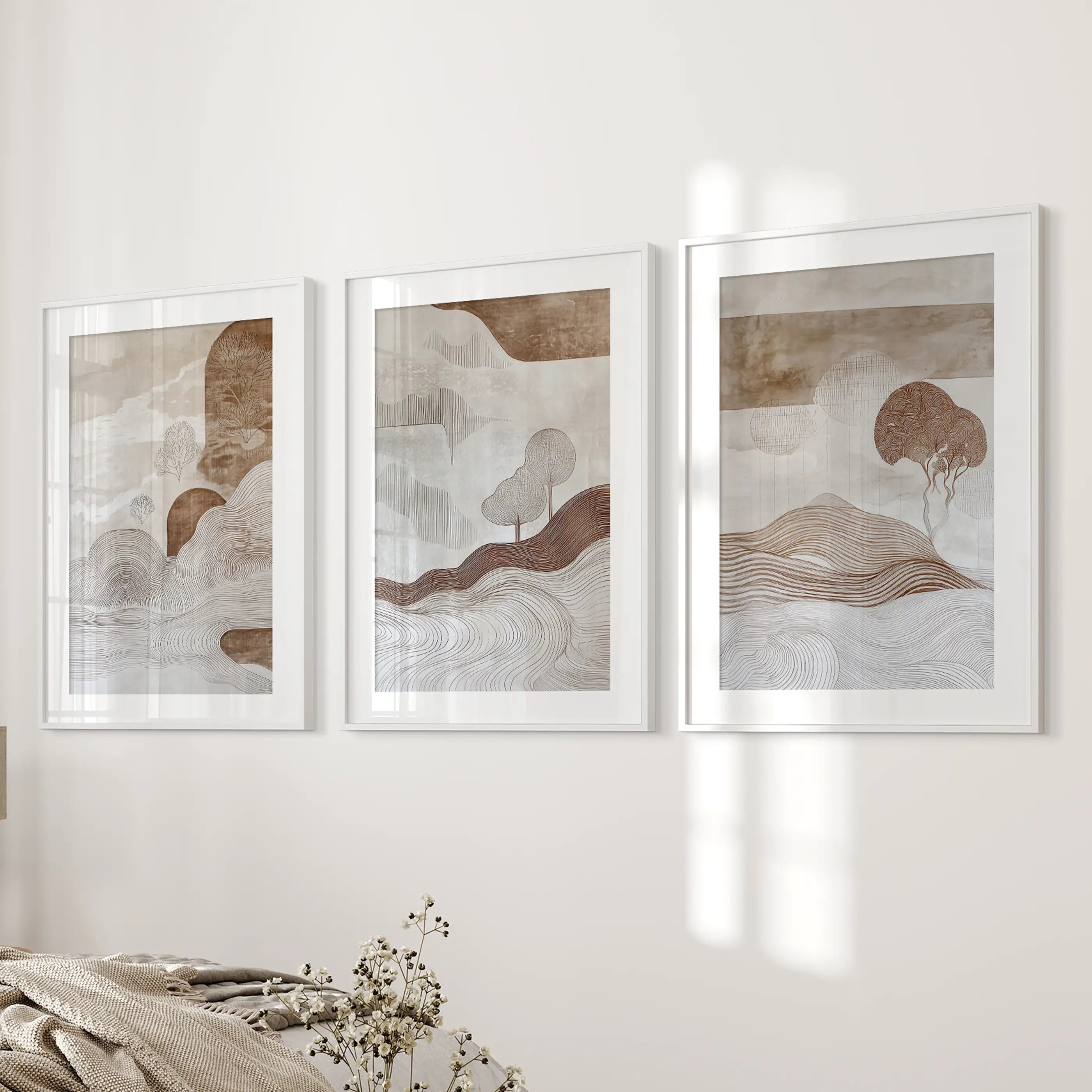 Wabi Sabi Line Art Set of 3 Prints. Earth Tones Landscape