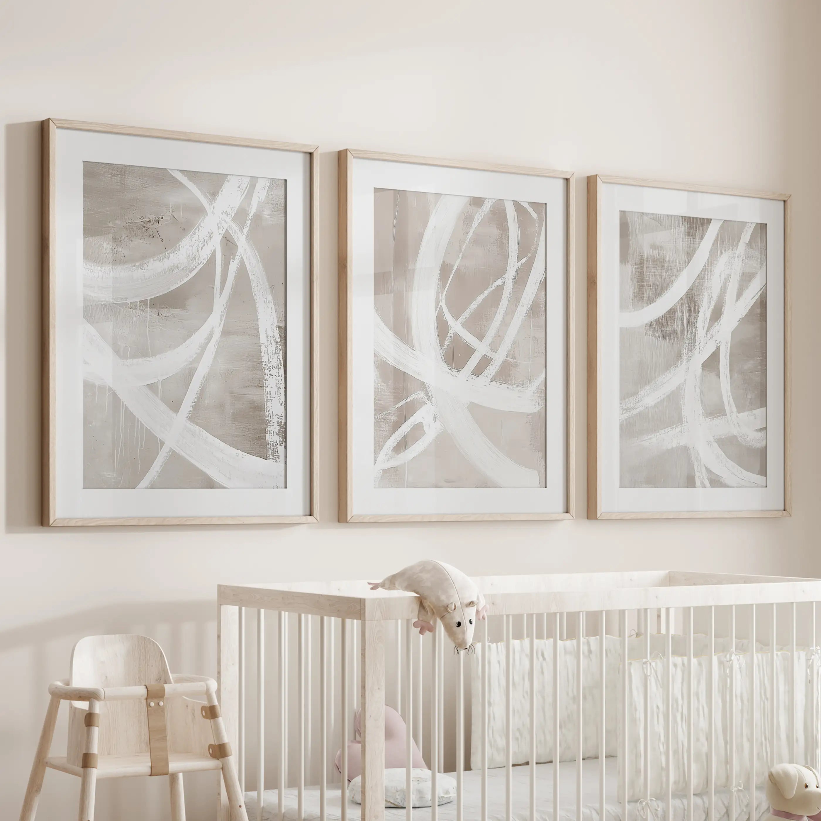 Modern Minimalist Abstract Triptych. Neutral Brush Stroke Art