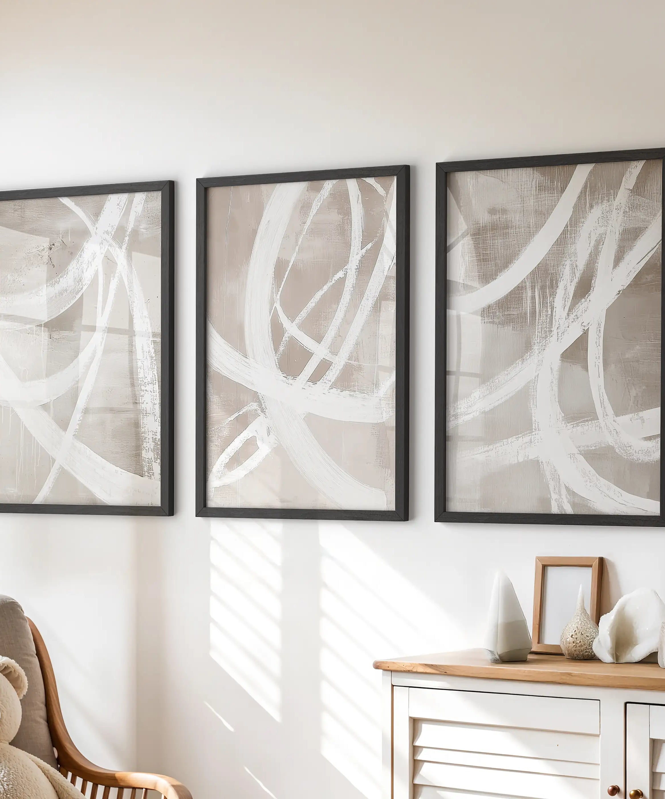 Modern Minimalist Abstract Triptych. Neutral Brush Stroke Art