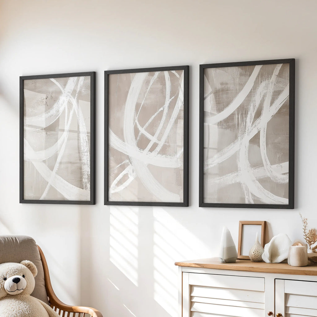 Modern Minimalist Abstract Triptych. Neutral Brush Stroke Art