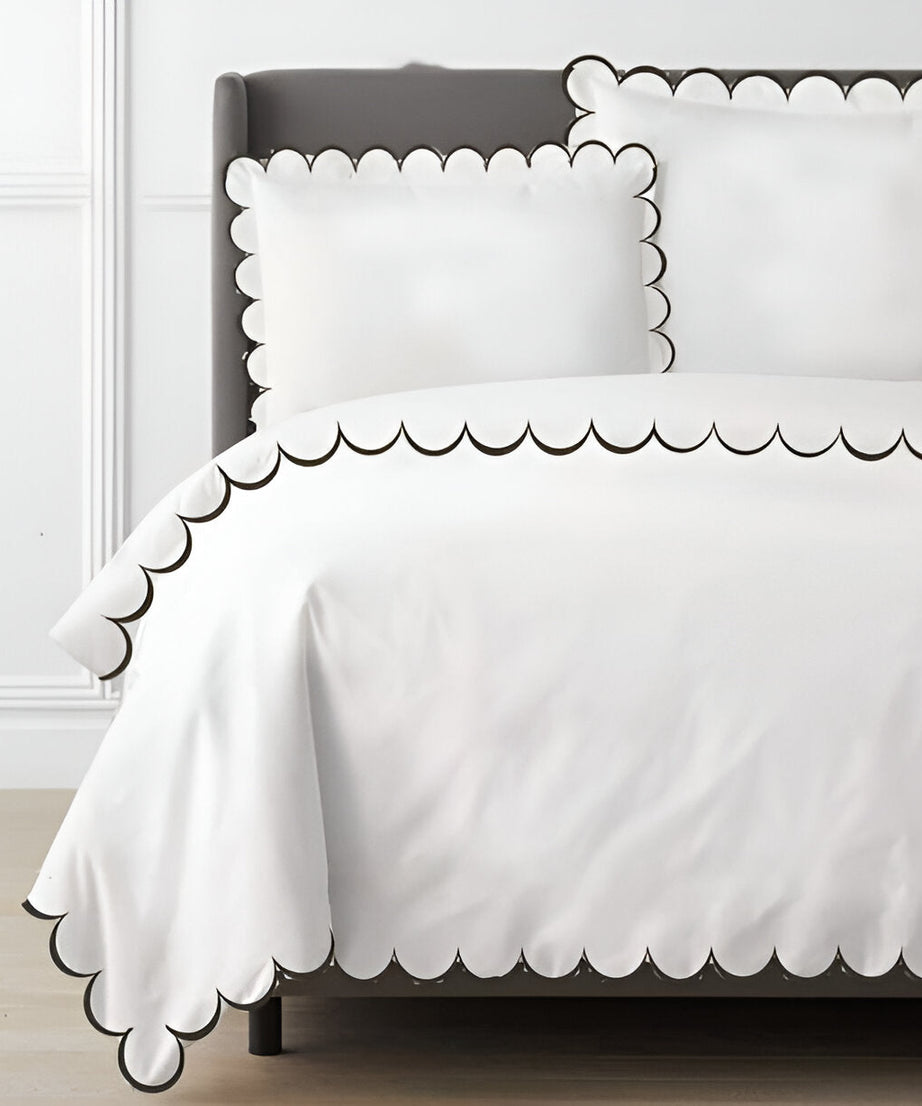 Allena 400TC Cotton Scallop Embroidery Sateen Solid Duvet Cover Set