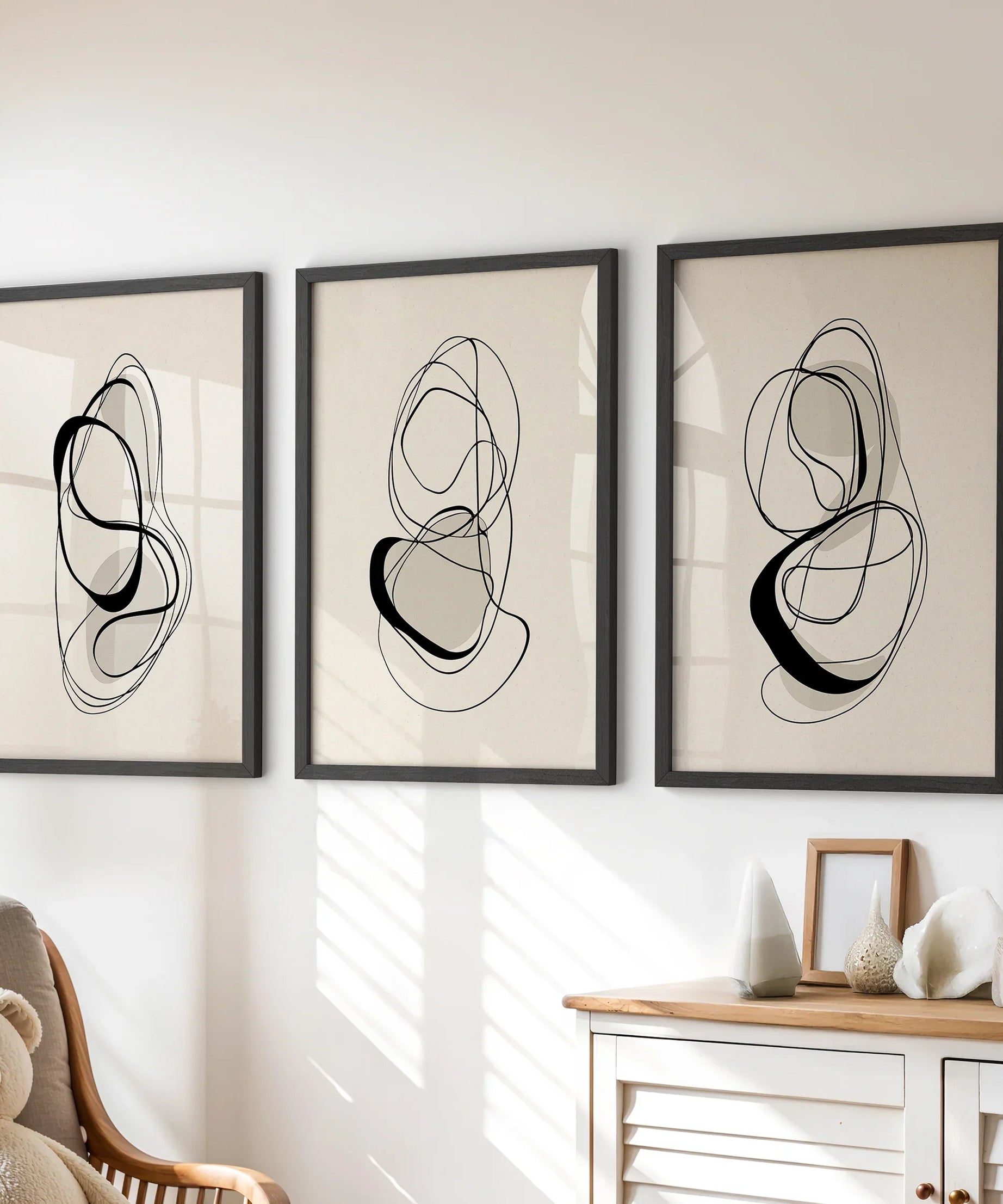 Black and Beige Abstract Set of 3 Wall Art. Minimalist Lines