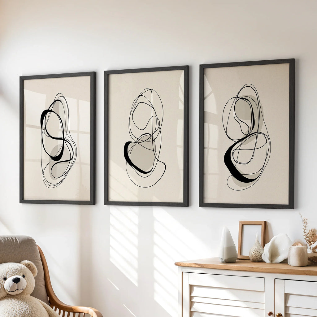 Black and Beige Abstract Set of 3 Wall Art. Minimalist Lines